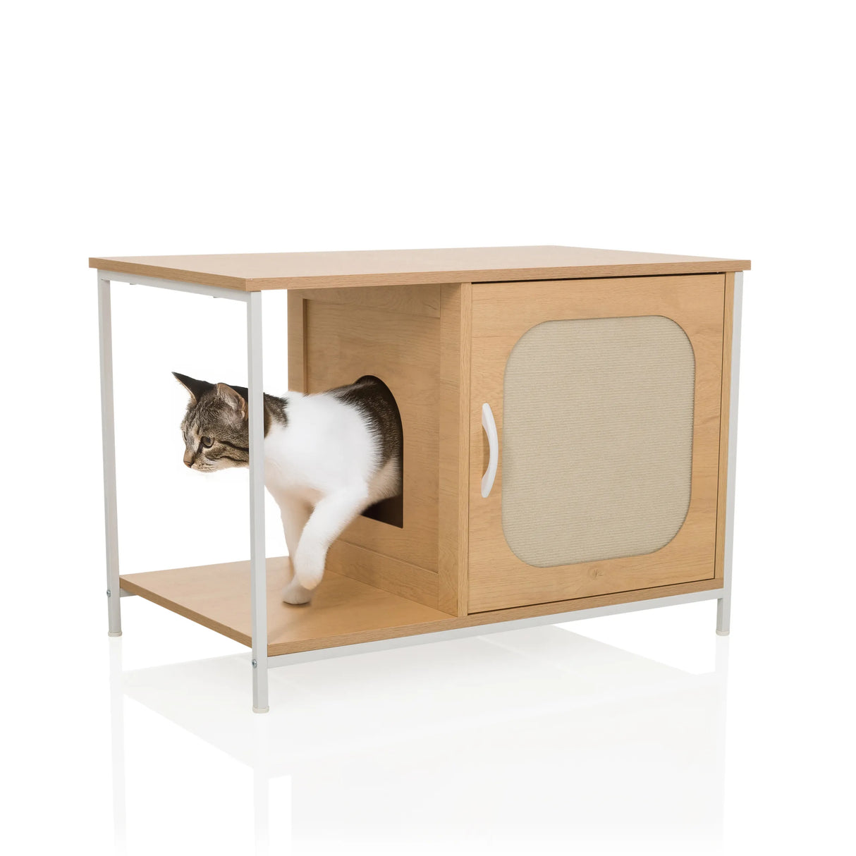 Katzenhaus KITTYHOME 1 in Buche und Weiß mit einem runden Einlass und einer Tür mit Griff von hjh LIVING