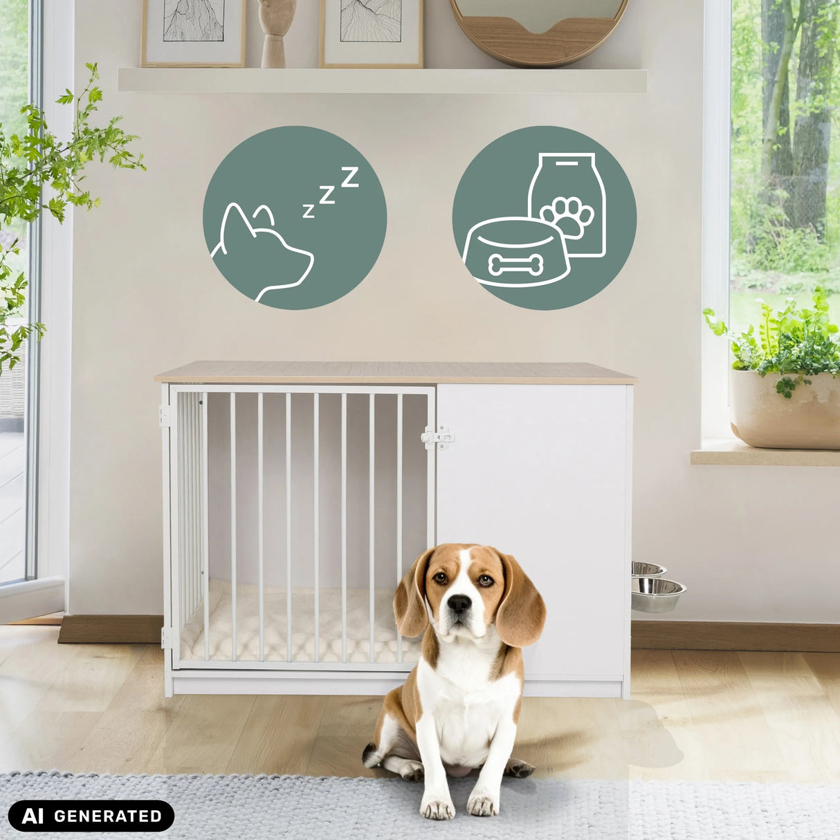 Weiße Hundebox PAWHOME XL in Eiche-Optik mit integriertem Hundebett und einem Beagle von hjh LIVING (KI-generiertes Bild)