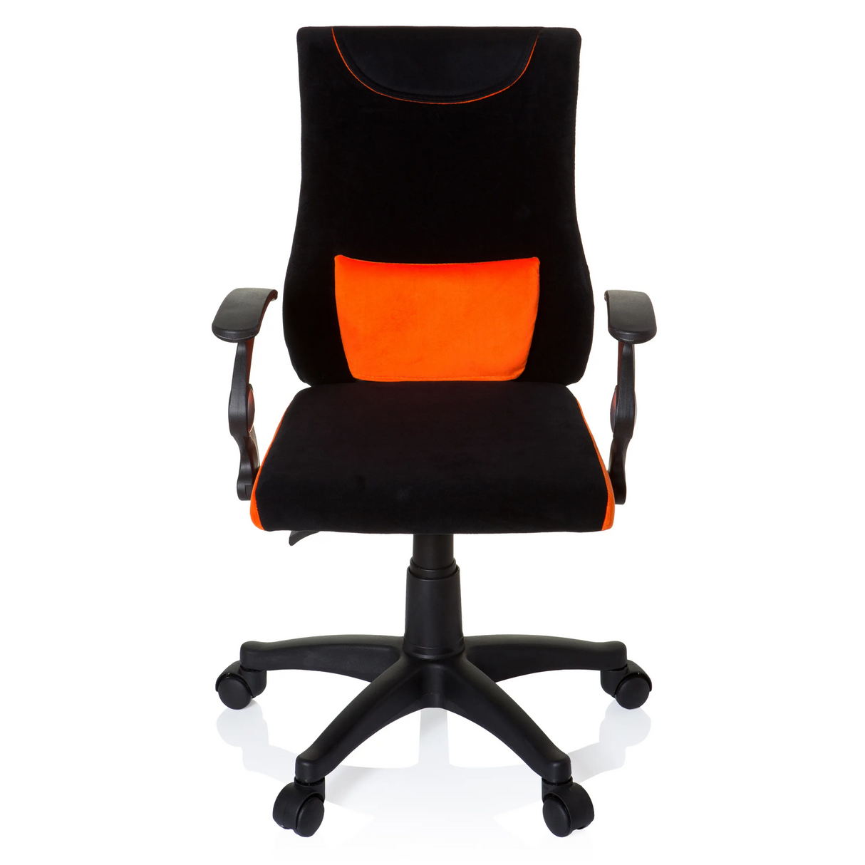 Schwarz-orangefarbener Kinderdrehstuhl KIDDY PRO AL mit Lendenkissen und Fußkreuz mit fünf Rollen von hjh OFFICE – 360-Grad-Ansicht (Frontansicht 0°)