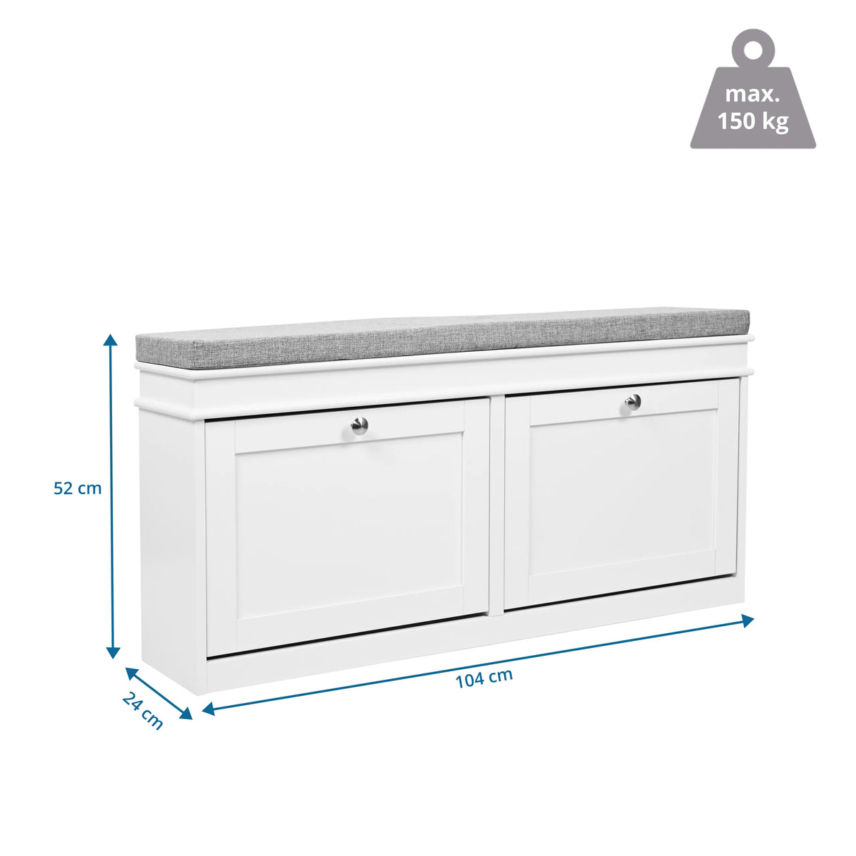 Maßzeichnung des Schuhschranks Estha 11 mit 104 × 52 cm und maximal 150 kg Belastbarkeit von hjh LIVING
