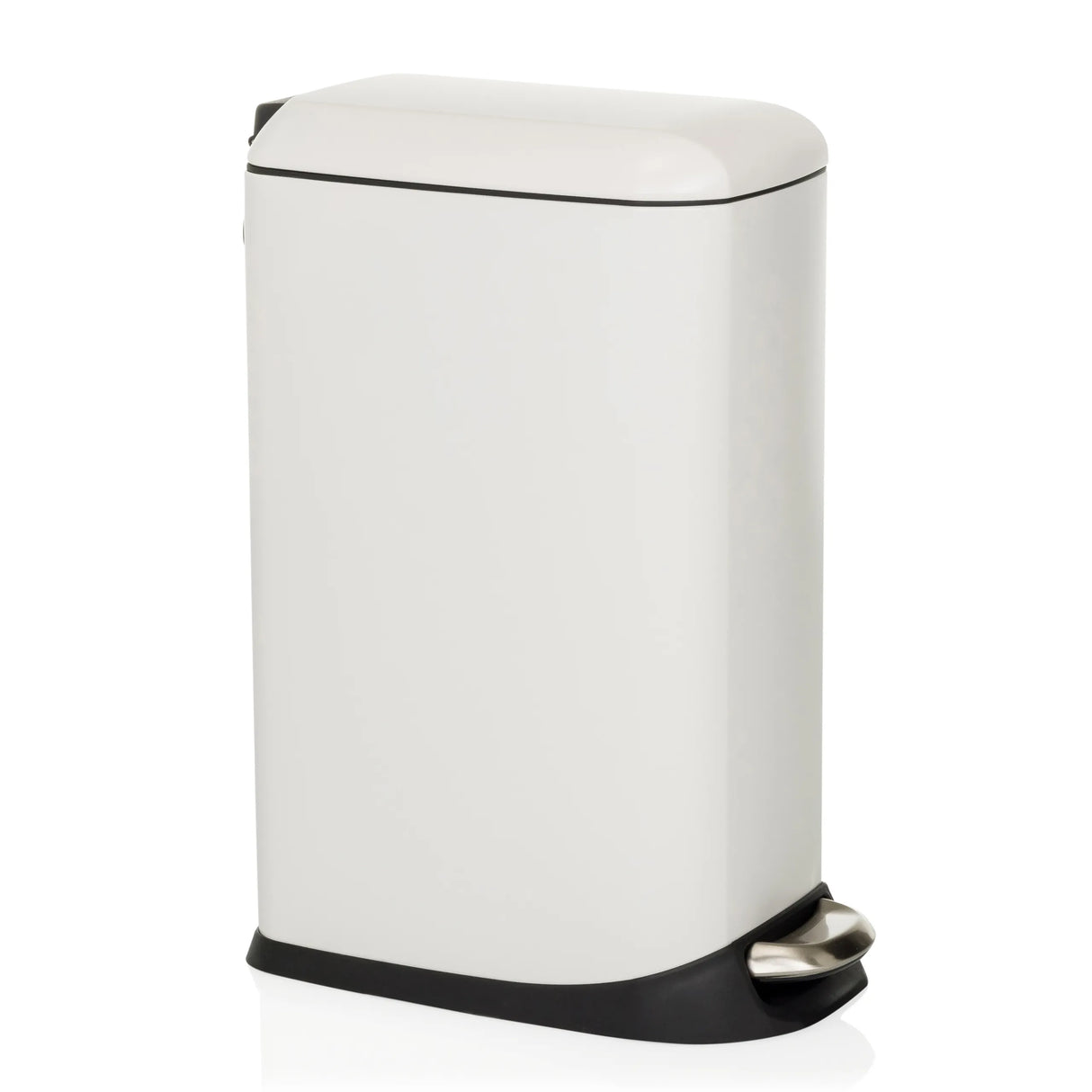 Weißer Mülleimer CLEAN SLIM mit Trittpedal und abgerundetem Deckel von hjh OFFICE – 360-Grad-Ansicht (schräge Frontansicht 60°)