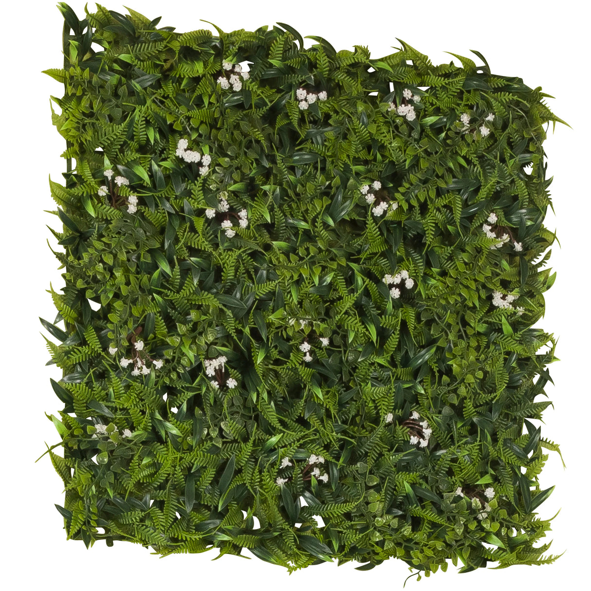 Grüne Pflanzenmatte MORE GREEN I mit Farnblättern und kleinen weißen Blüten von hjh OFFICE – 360-Grad-Ansicht (schräge Rückenansicht 120°)