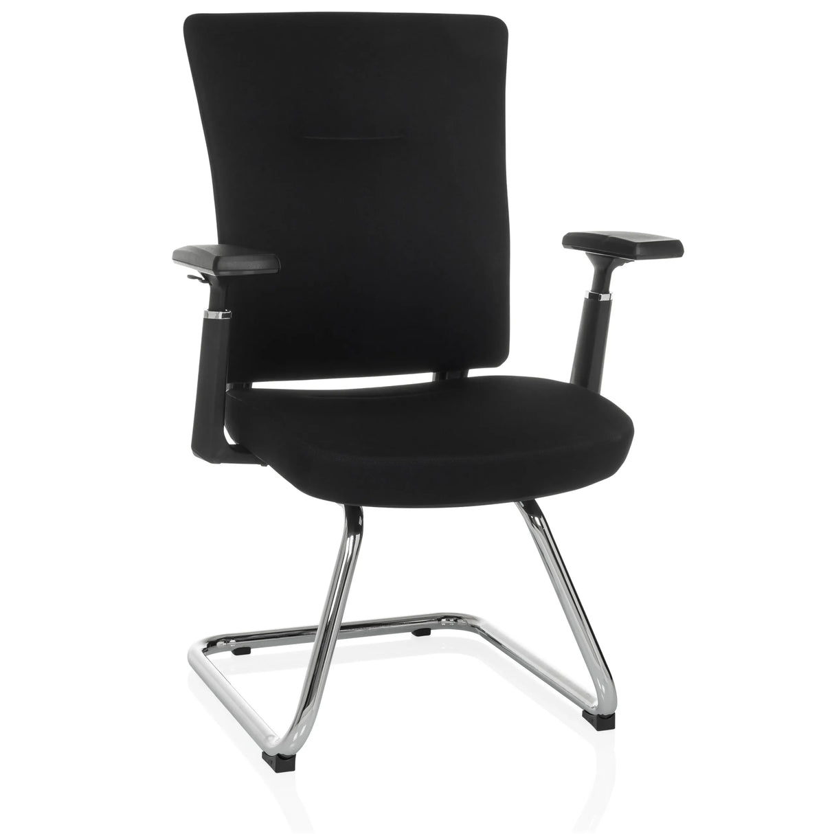 Schwarzer Freischwinger CAPTIVO PRO V mit Armlehnen und Stoffbezug von hjh OFFICE – 360-Grad-Ansicht (Frontansicht 15°)