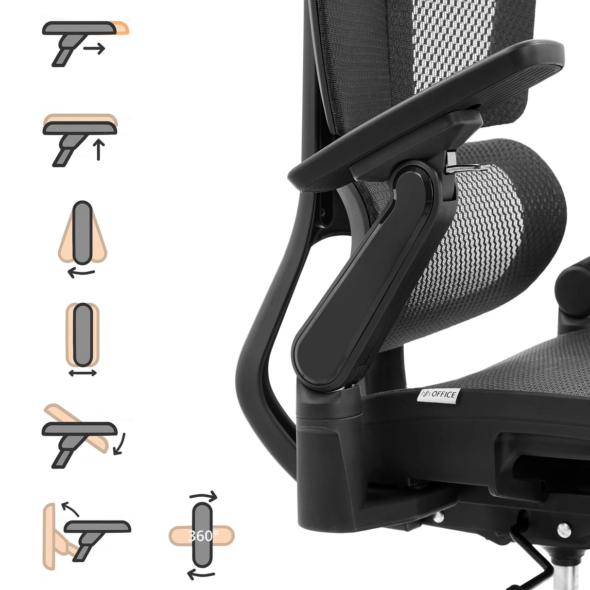 Mehrfach verstellbare Armlehne des Profi-Bürostuhls Ergo U2 Pro3 mit schematischen Funktionsgrafiken von hjh OFFICE