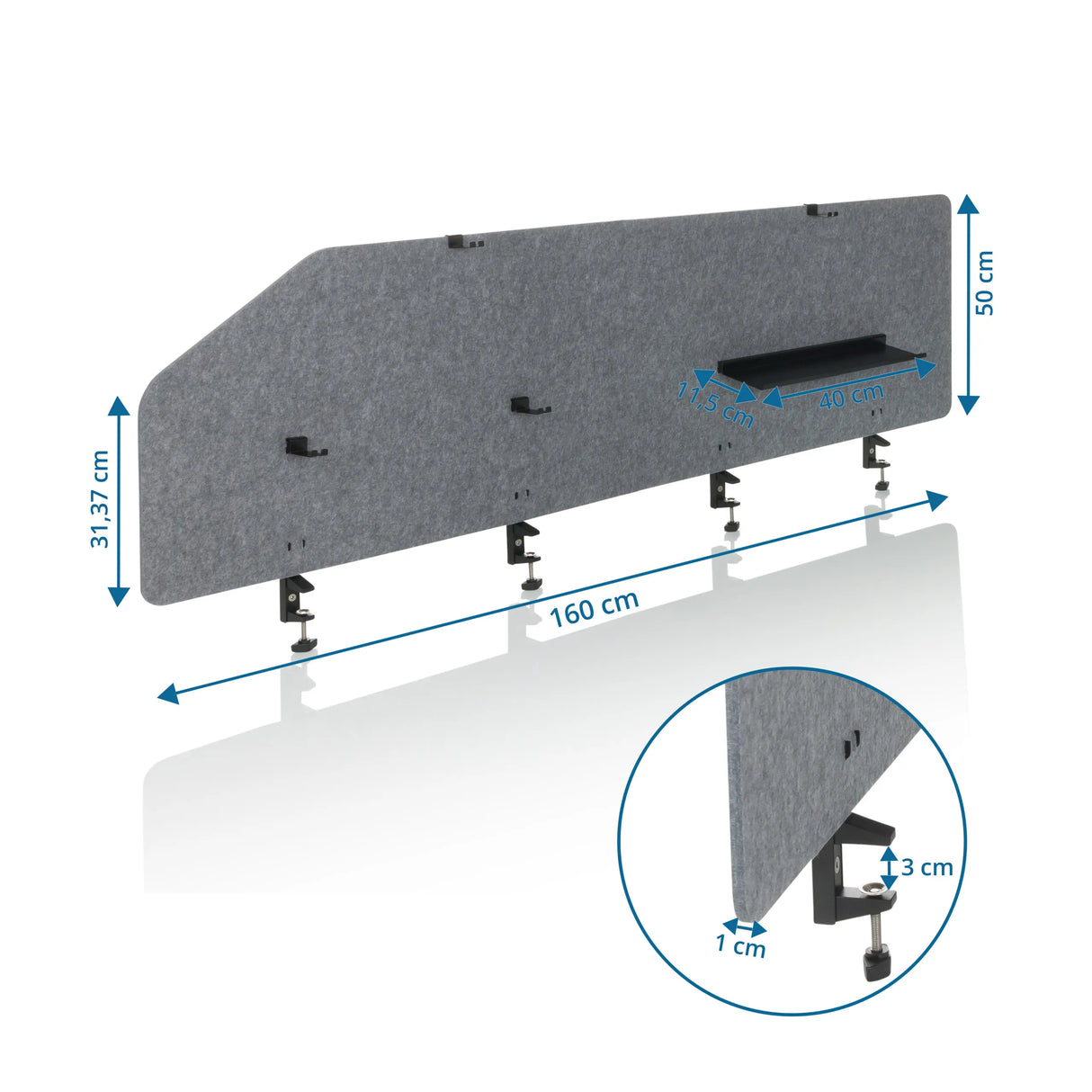 Maßzeichnung der Tischtrennwand FLEXMIUT T TOP mit 160 cm Breite und 50 cm Höhe von hjh OFFICE