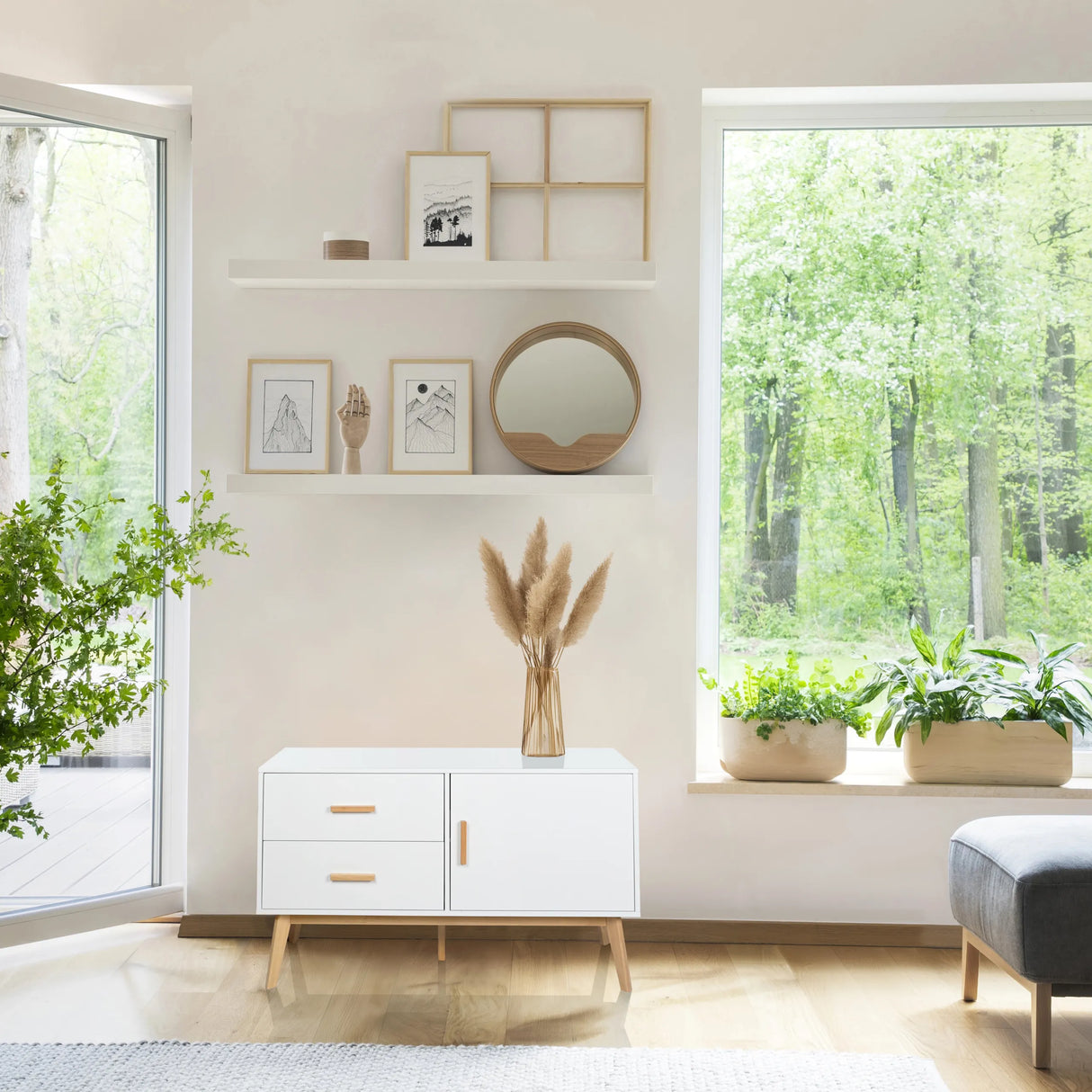 Weißes Sideboard TAROLO mit zwei Schubladen und einem Schrankfach auf Holzbeinen von hjh LIVING