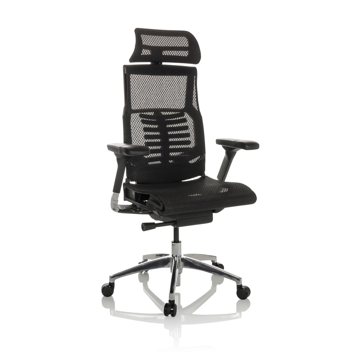 Schwarzer High-End-Bürostuhl POFIT GEN2 mit Netzrücken und Fußkreuz mit fünf Rollen von hjh OFFICE – 360-Grad-Ansicht (schräge Frontansicht 30°)