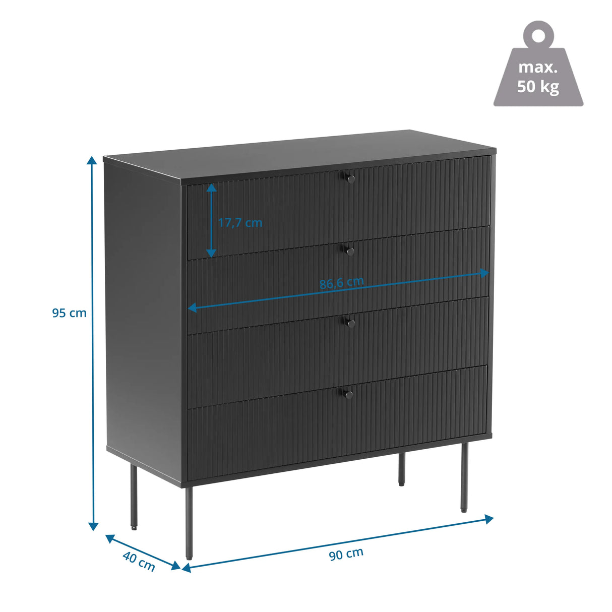 Maßzeichnung der Kommode KARBY K mit 90 × 95 cm und einer Traglast von 50 kg von hjh LIVING
