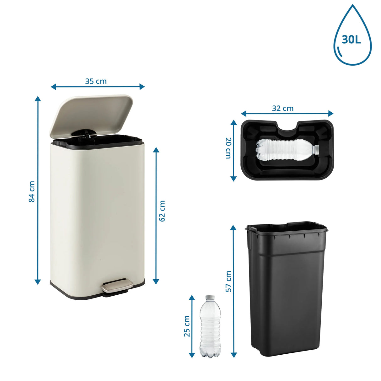 Maßzeichnung des Mülleimers Clean 1 mit 84 x 35 cm und 30 l Fassungsvermögen von hjh OFFICE