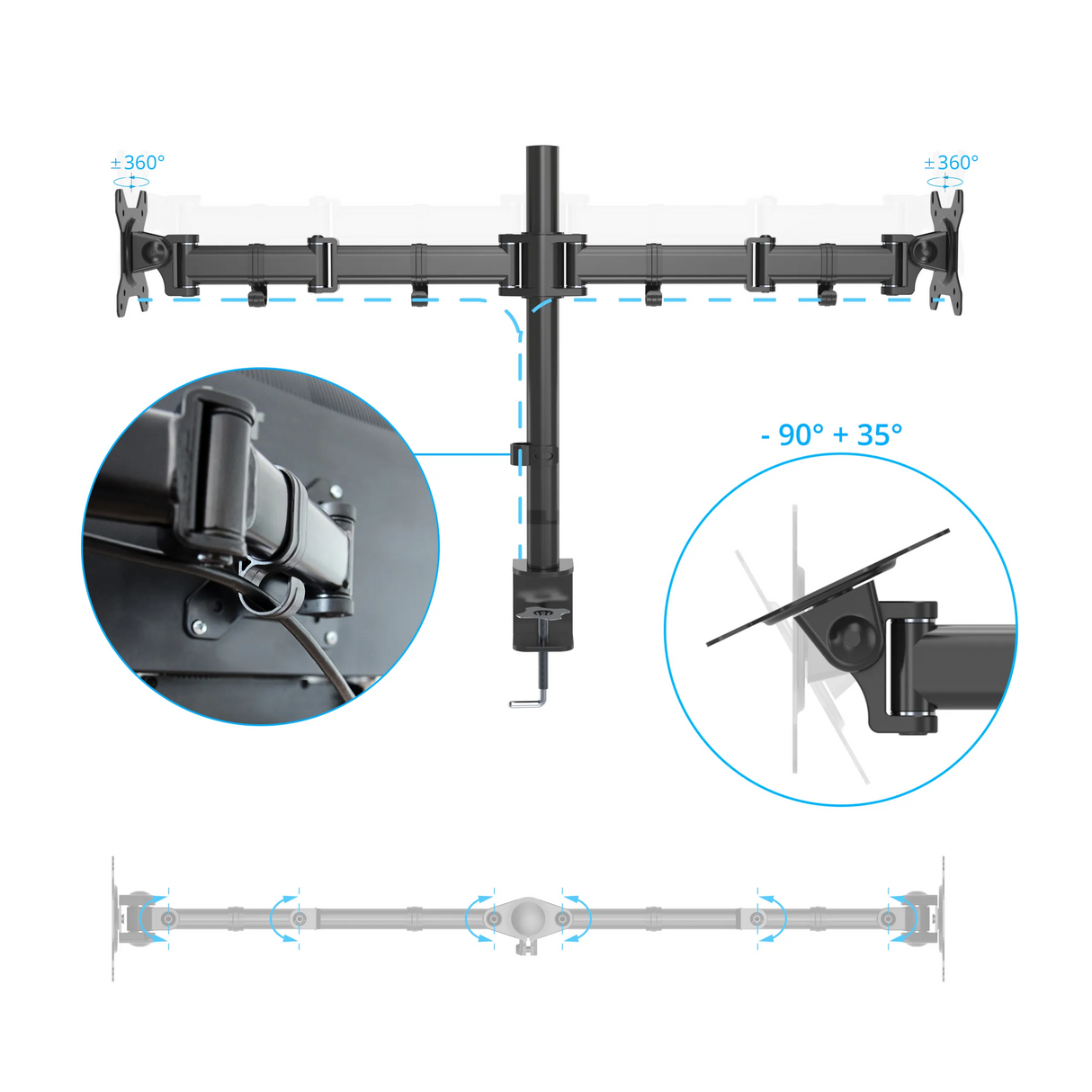 Verstellmöglichkeiten der Monitorhalterung VM-MF2 mit Drehung um 360° und Neigung von -90° bis +35° von hjh OFFICE
