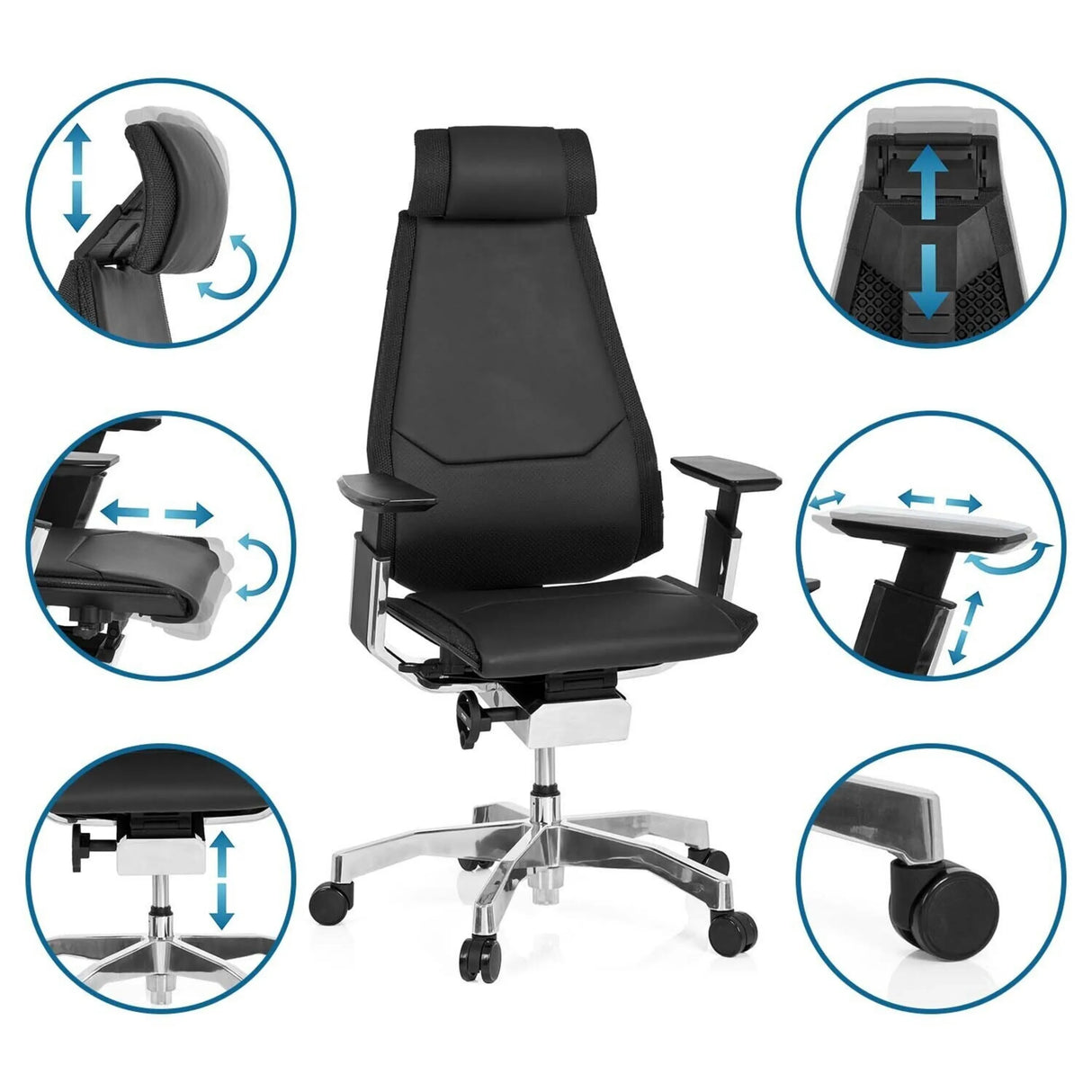 Verstellbare Funktionen des High-End-Bürostuhls GENIDIA PRO in Schwarz aus Leder von hjh OFFICE