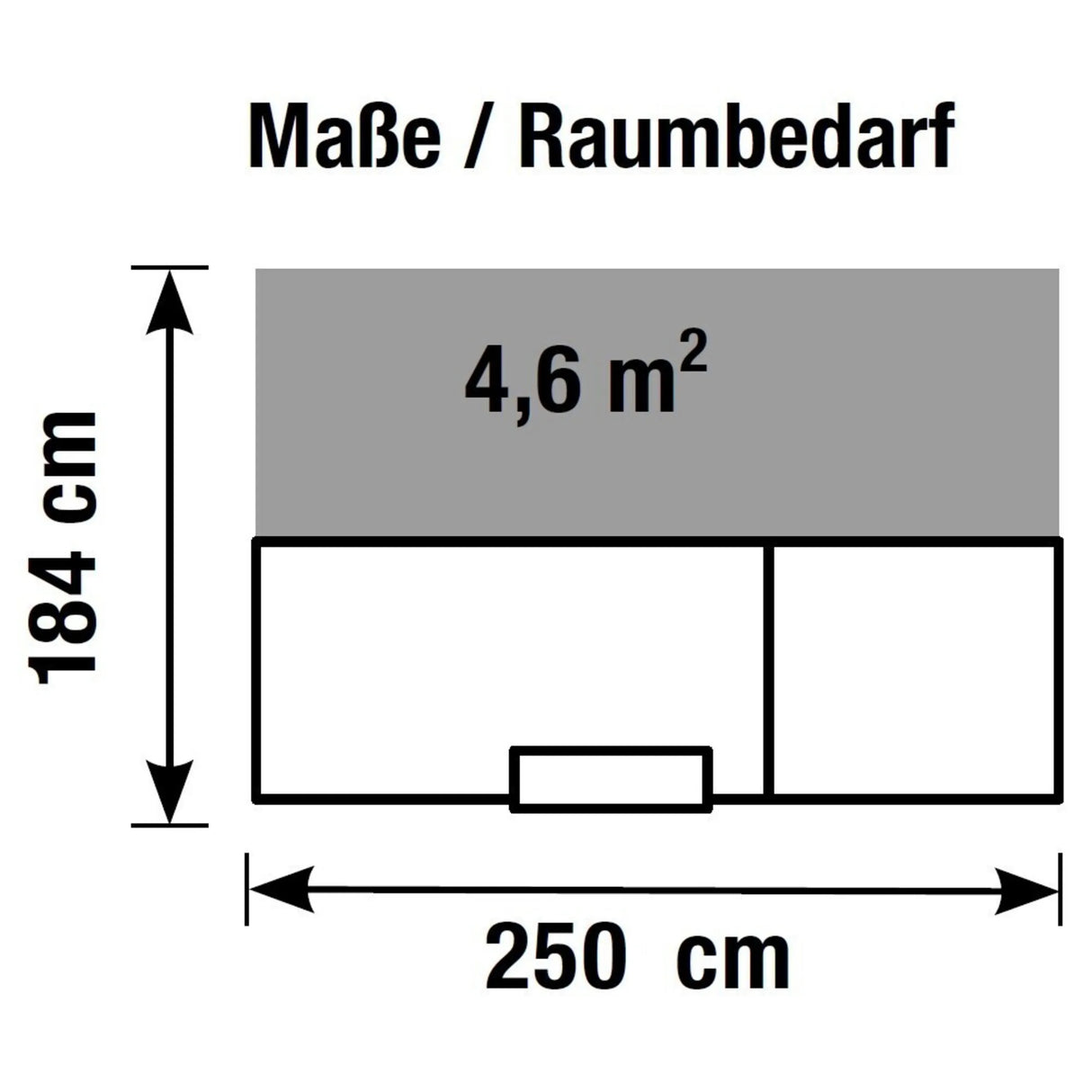 Technische Zeichnung der Empfangstheke SUNSET I mit 250 × 184 cm und 4,6 m² Raumbedarf von Kerkmann