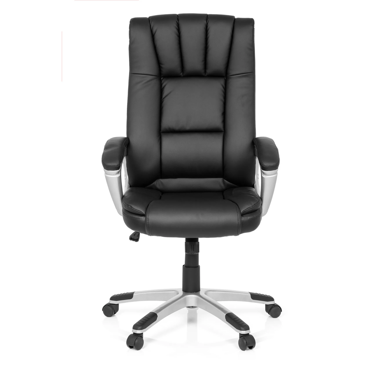 Schwarzer Homeoffice-Bürostuhl RELAX CL150 mit gestepptem Bezug und Fußkreuz mit fünf Rollen von MyBuero – 360-Grad-Ansicht (Frontansicht 0°)