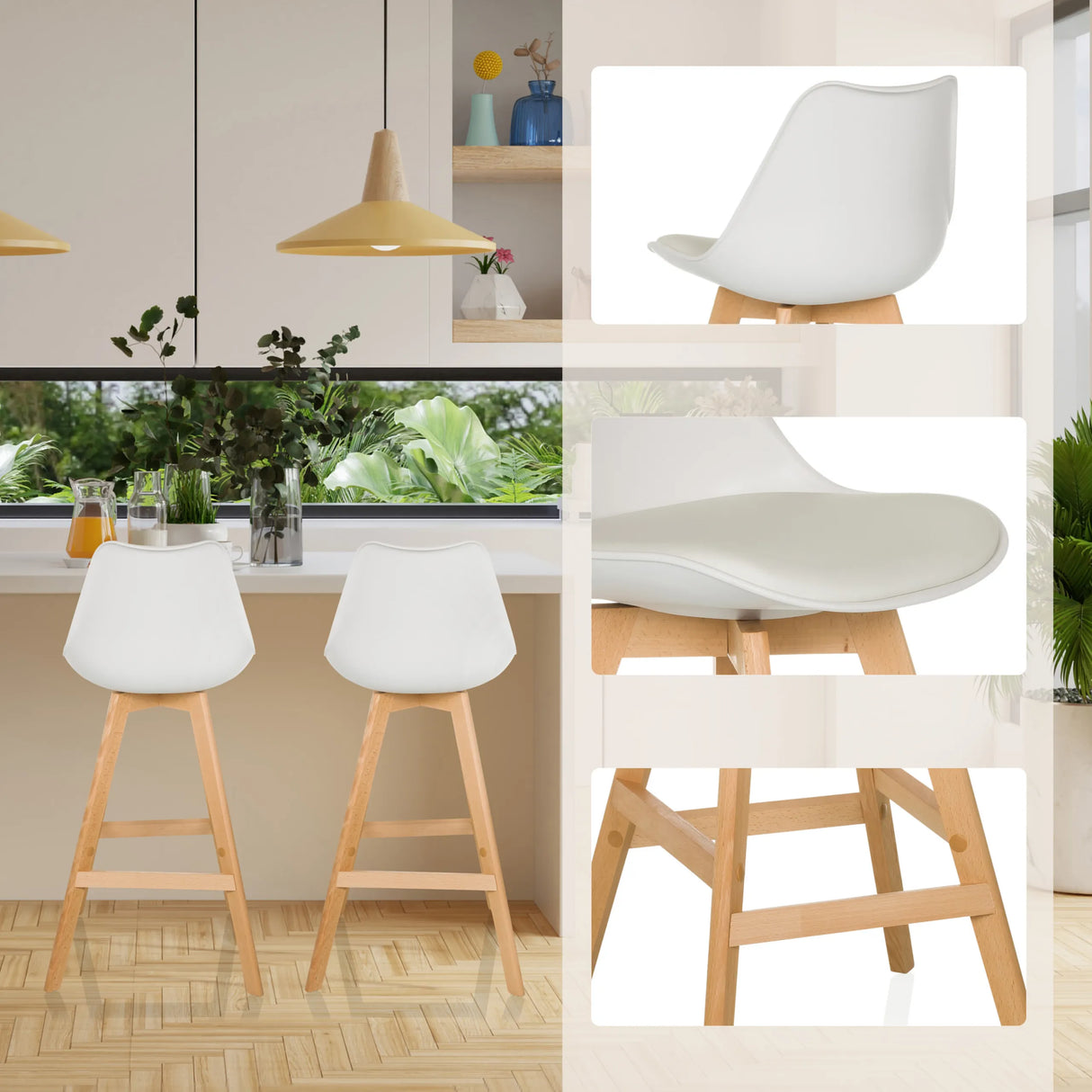 Barhocker SCANDI HIGH in Weiß mit Holzgestell und Sitzschale in verschiedenen Ansichten von hjh LIVING