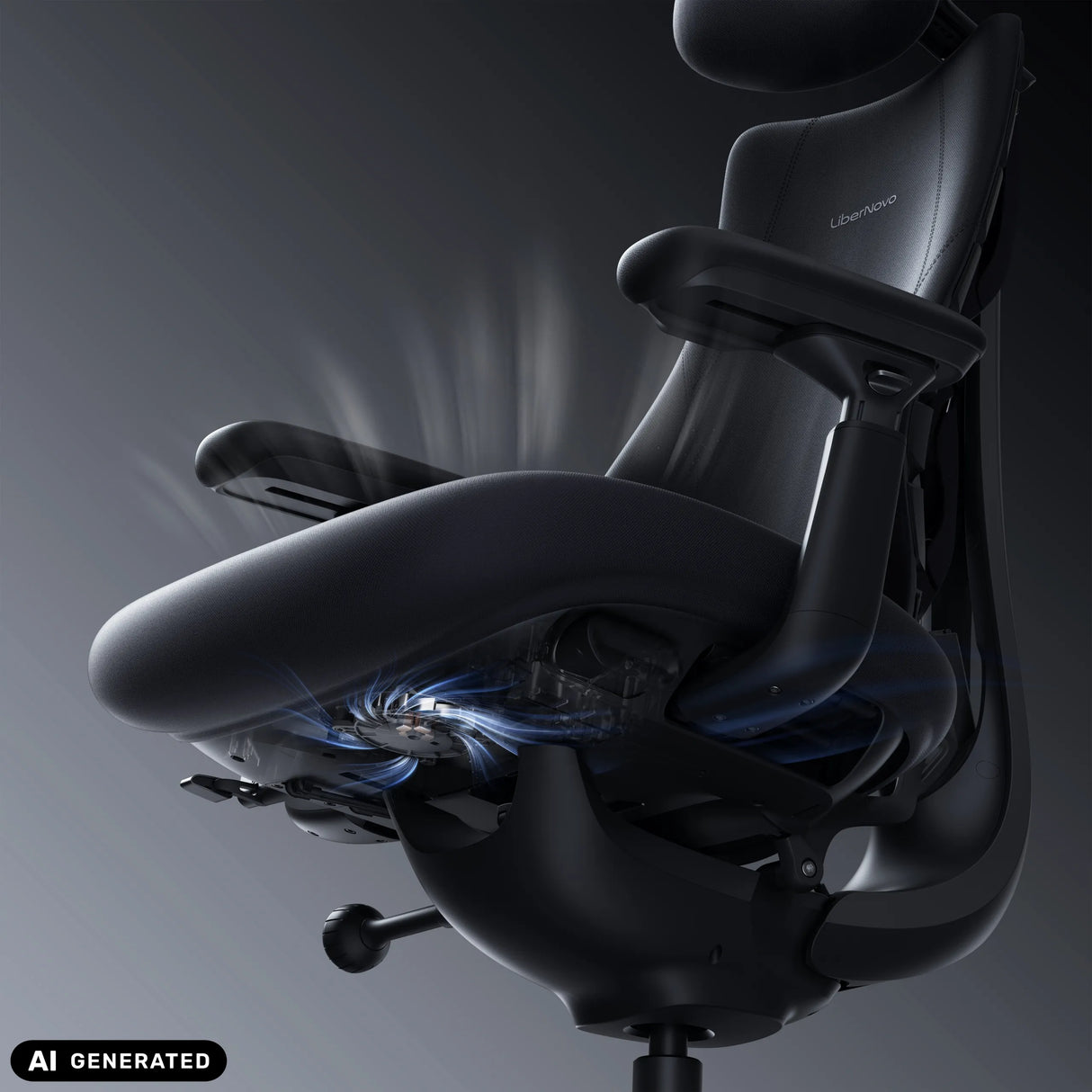 Sitzmechanismus des High-End-Bürostuhls LiberNovo Omni Pro in Dunkelgrau von Libernovo (KI-generiertes Bild)