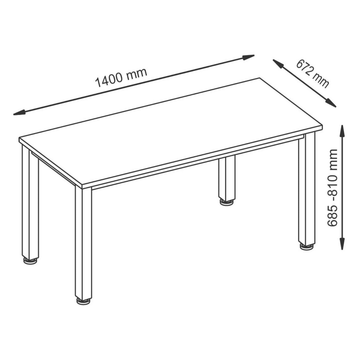 Maßzeichnung des Schreibtischs QUEO 614 S mit den Maßen 1400 mm Länge, 672 mm Tiefe und 685-810 mm Höhe von hjh OFFICE PRO