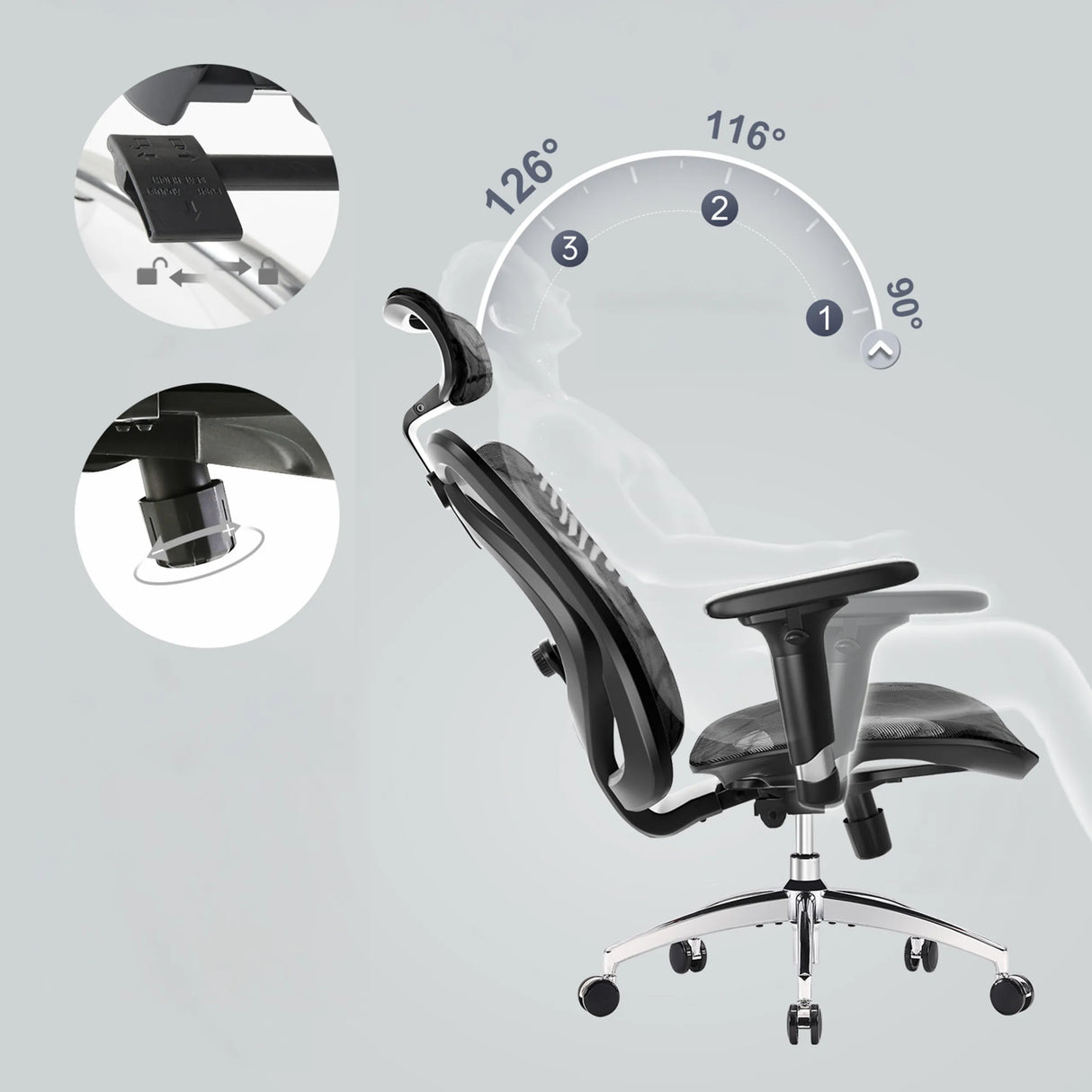 Verstellbare Rückenlehne des Profi-Bürostuhls M57-M015 mit drei Neigungswinkeln von 90°, 116° und 126° von Sihoo