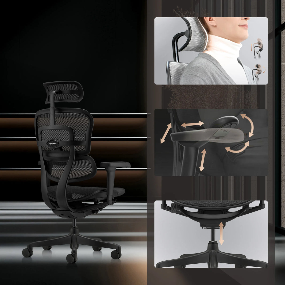 Verstellbare Kopfstütze, Armlehnen und Gasfeder des Luxus Chefsessels ERGOHUMAN SIGNATURE GEN2 von hjh OFFICE
