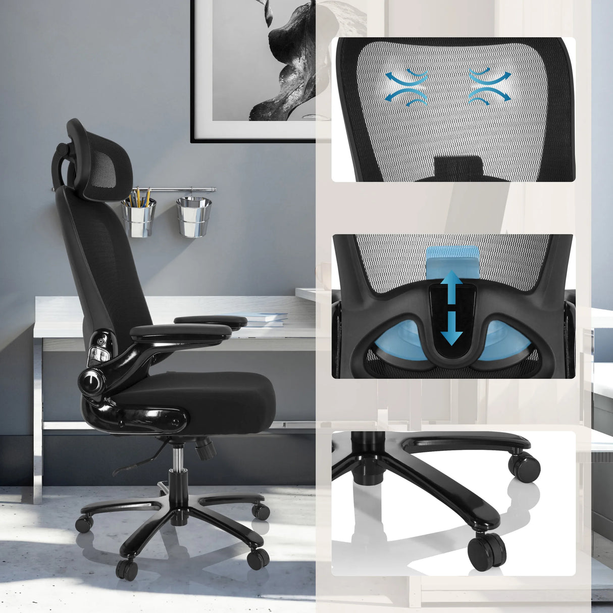 XXL Drehstuhl INSTRUCTOR SW I PRO in Schwarz mit Netzrücken, verstellbarer Lendenstütze und Rollen von hjh OFFICE