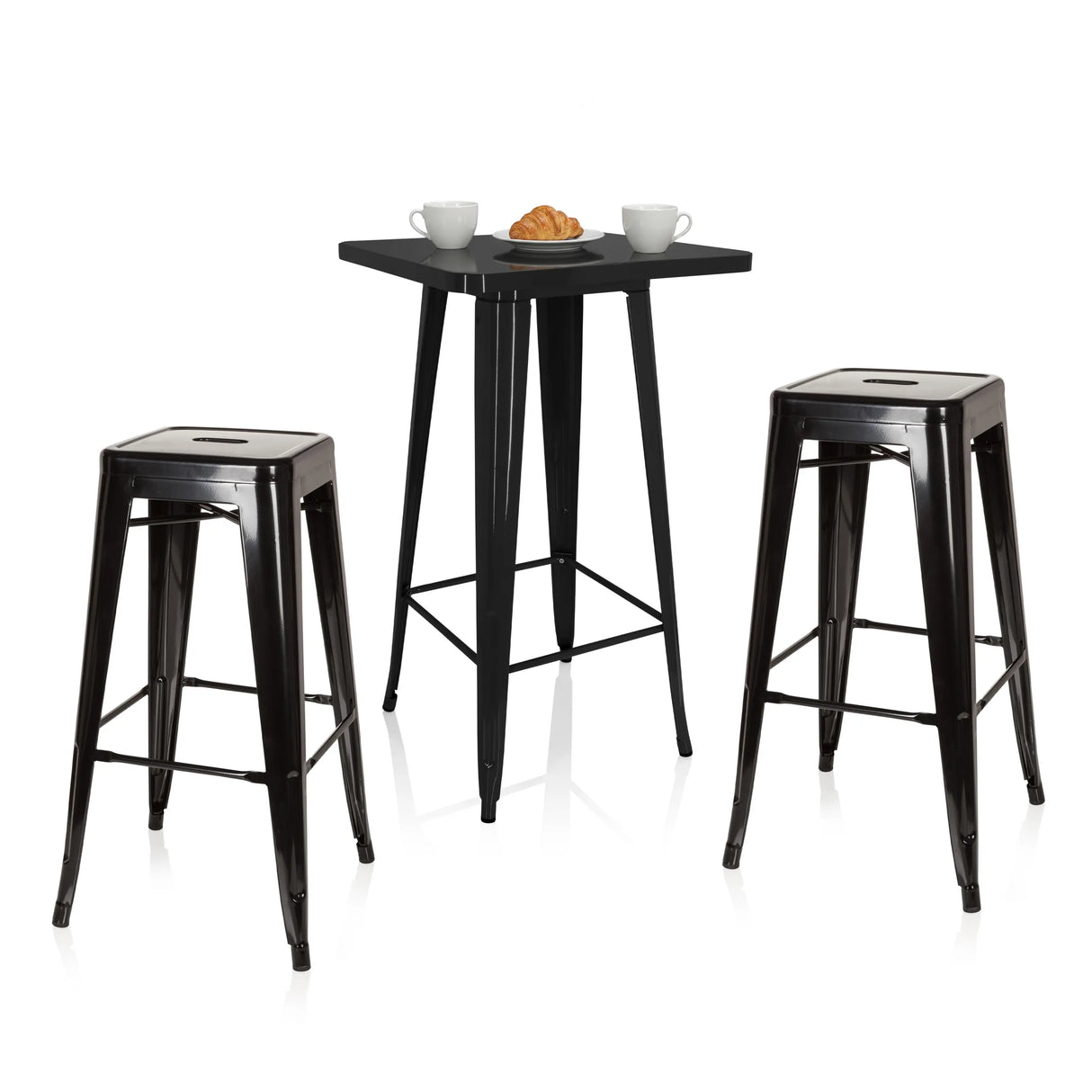 Bar-Set Vantaggio Set in Schwarz mit einem quadratischen Stehtisch und zwei passenden Barhockern von hjh OFFICE