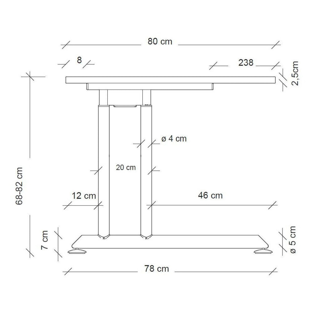 Maßzeichnung des höhenverstellbaren Schreibtischs ZENO 8 S mit einer Breite von 80 cm und Höhe 68-82 cm von hjh OFFICE PRO