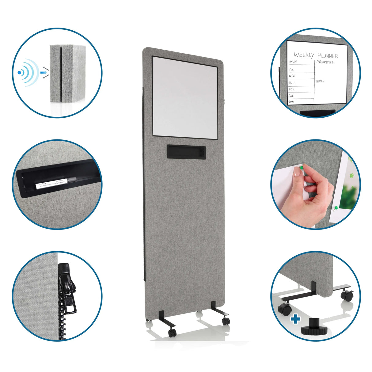 Hellgraue Trennwand FLEXMIUT WB mit Whiteboard, Stifthalter, Rollen und schallabsorbierendem Material von hjh OFFICE