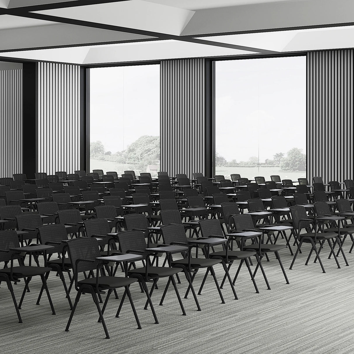 Schreibtabletts MEET WA in Schwarz an einer Reihe von Konferenzstühlen von hjh OFFICE