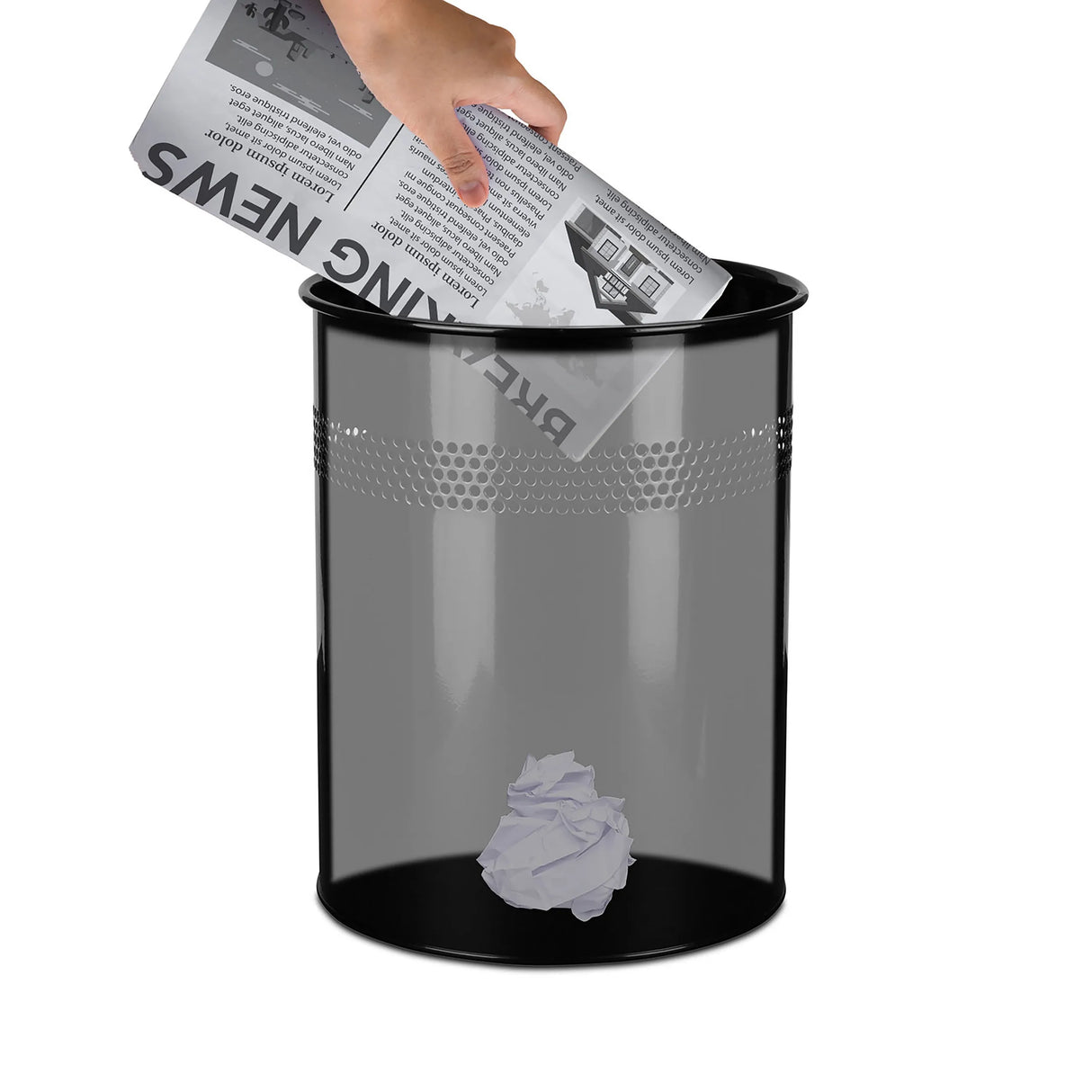 Schwarzer Mülleimer CLEAN III mit Lochmuster im oberen Bereich und einem Papierknäuel im Inneren von hjh OFFICE