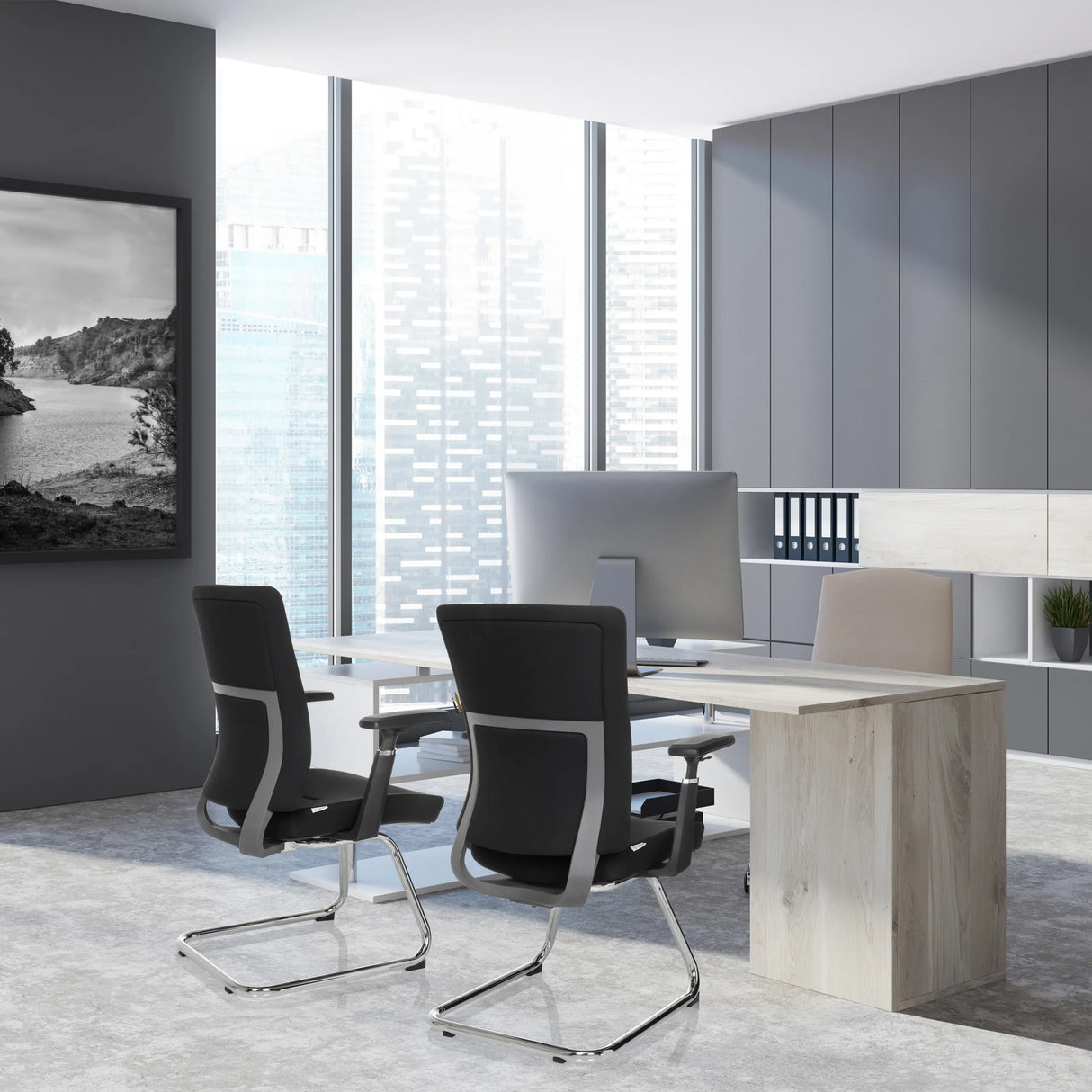 Zwei schwarze Freischwinger CAPTIVO PRO V mit Armlehnen und Metallgestell von hjh OFFICE