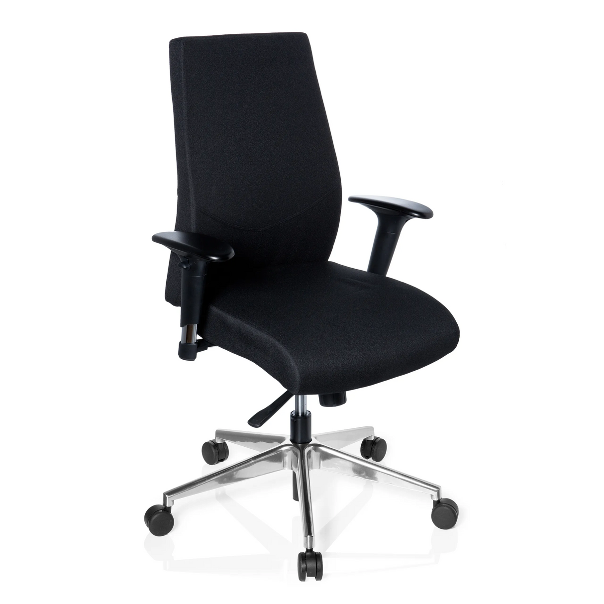 Schwarzer Profi-Bürostuhl PRO-TEC 250 mit Armlehnen und Fußkreuz mit fünf Rollen von hjh OFFICE – 360-Grad-Ansicht (schräge Frontansicht 40°)