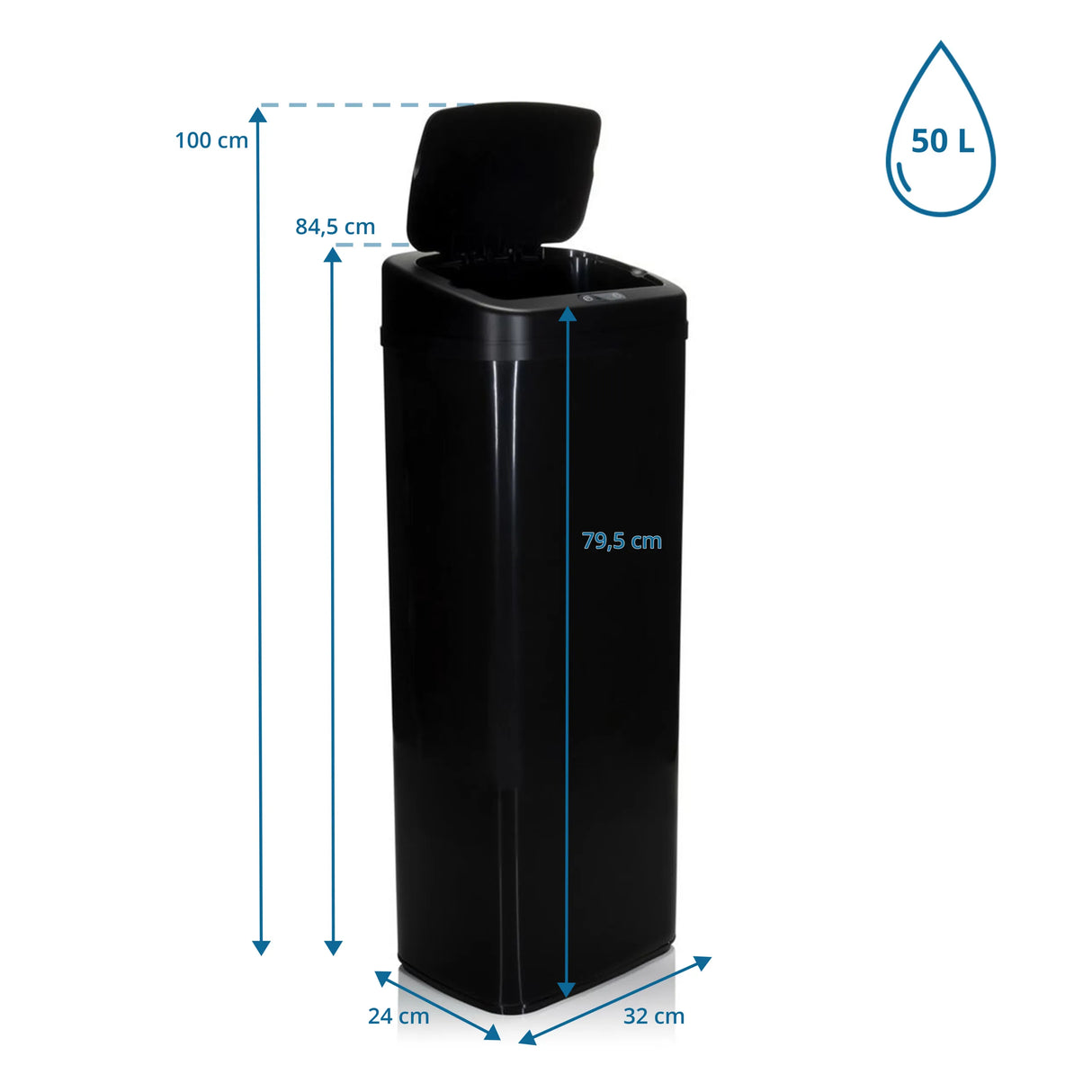 Maßzeichnung des Sensor-Mülleimers CLEAN V mit 50 l Fassungsvermögen und 79,5 cm Höhe von hjh OFFICE