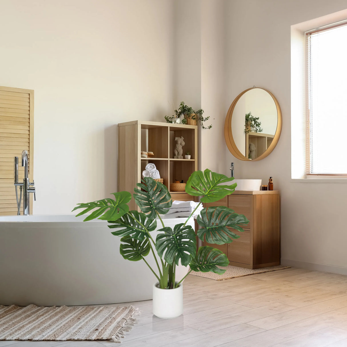 Grüne Kunstpflanze MONSTERA I in einem weißen Topf in einem Badezimmer von hjh OFFICE