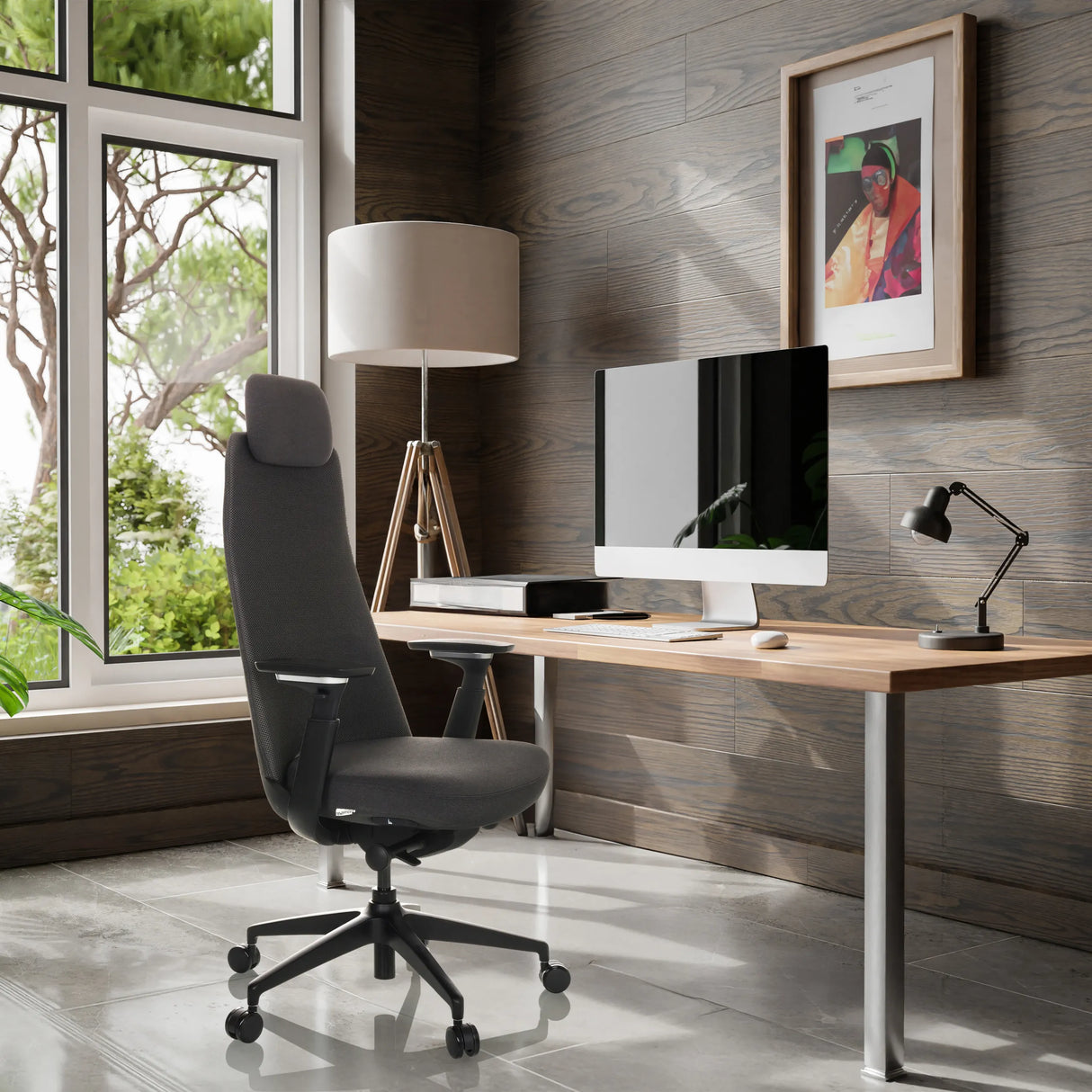 Profi-Bürostuhl YUCANO in Schwarz mit Armlehnen vor einem Schreibtisch in einem modern eingerichteten Raum von hjh OFFICE