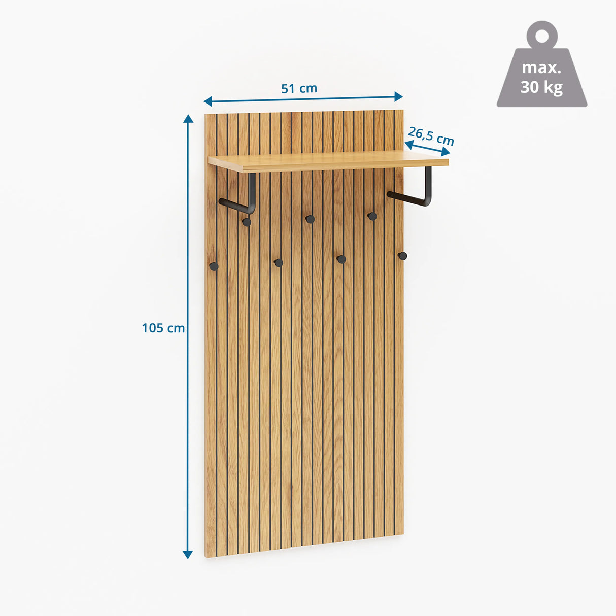 Maßzeichnung der Wandgarderobe LINNO SPACE mit 105 × 51 cm und einer Traglast von 30 kg von hjh LIVING