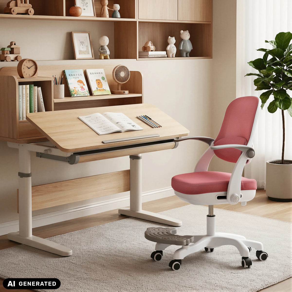 Rosa Kinderdrehstuhl Kiddy Smart Step an einem höhenverstellbaren Schreibtisch von hjh OFFICE (KI-generiertes Bild)