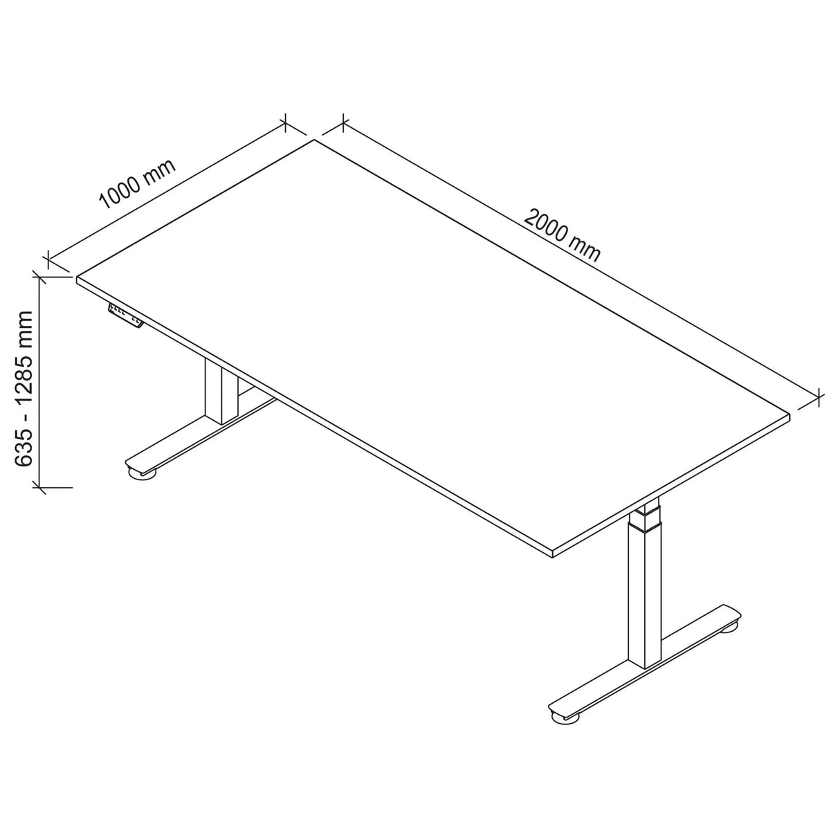 Technische Zeichnung des Schreibtischs XDSM 2E G mit 2000 x 1000 mm von hjh OFFICE PRO