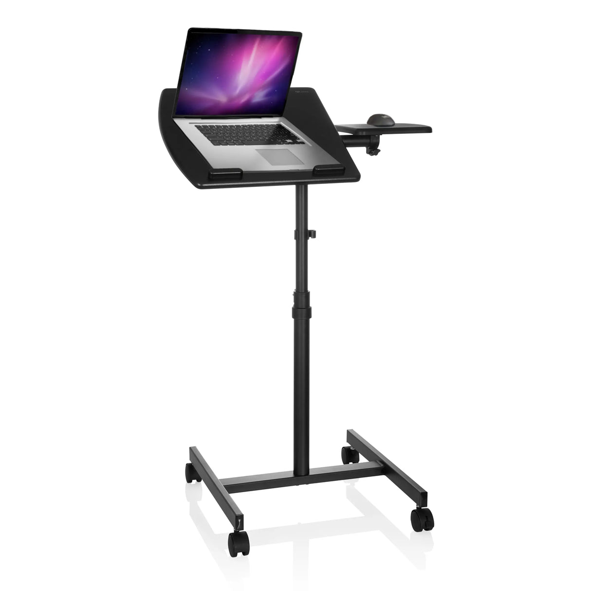 Schwarzer Stehschreibtisch VM-SL mit Laptop-Ablage, Mauspad und Rollen von hjh OFFICE