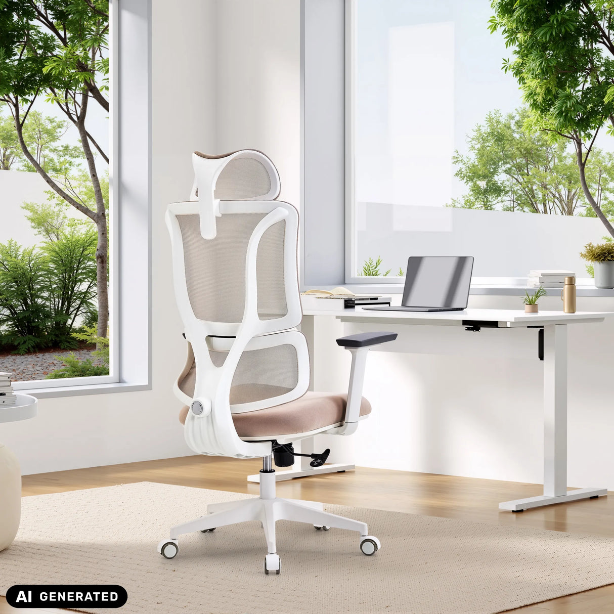 Profi-Bürostuhl ERGOMY W in Beige mit weißem Rahmen und Netzrücken an einem Schreibtisch von MyBuero (KI-generiertes Bild)