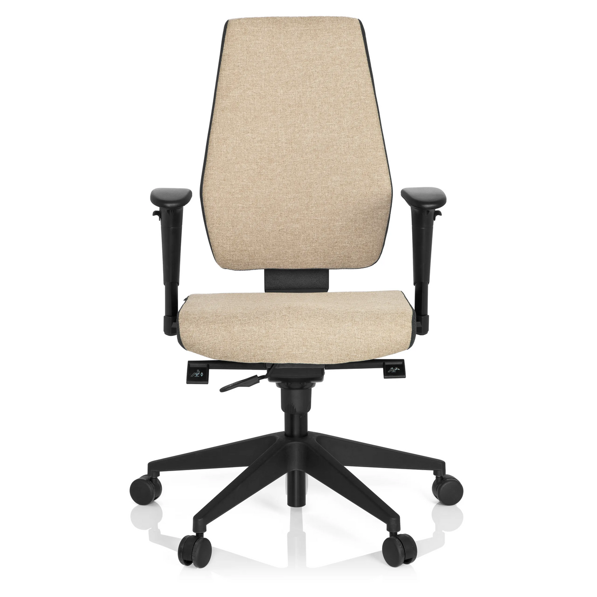 Beiger Profi-Bürostuhl PRO-TEC 500 mit Armlehnen und einem schwarzen Fußkreuz mit fünf Rollen von hjh OFFICE – 360-Grad-Ansicht (Frontansicht 0°)
