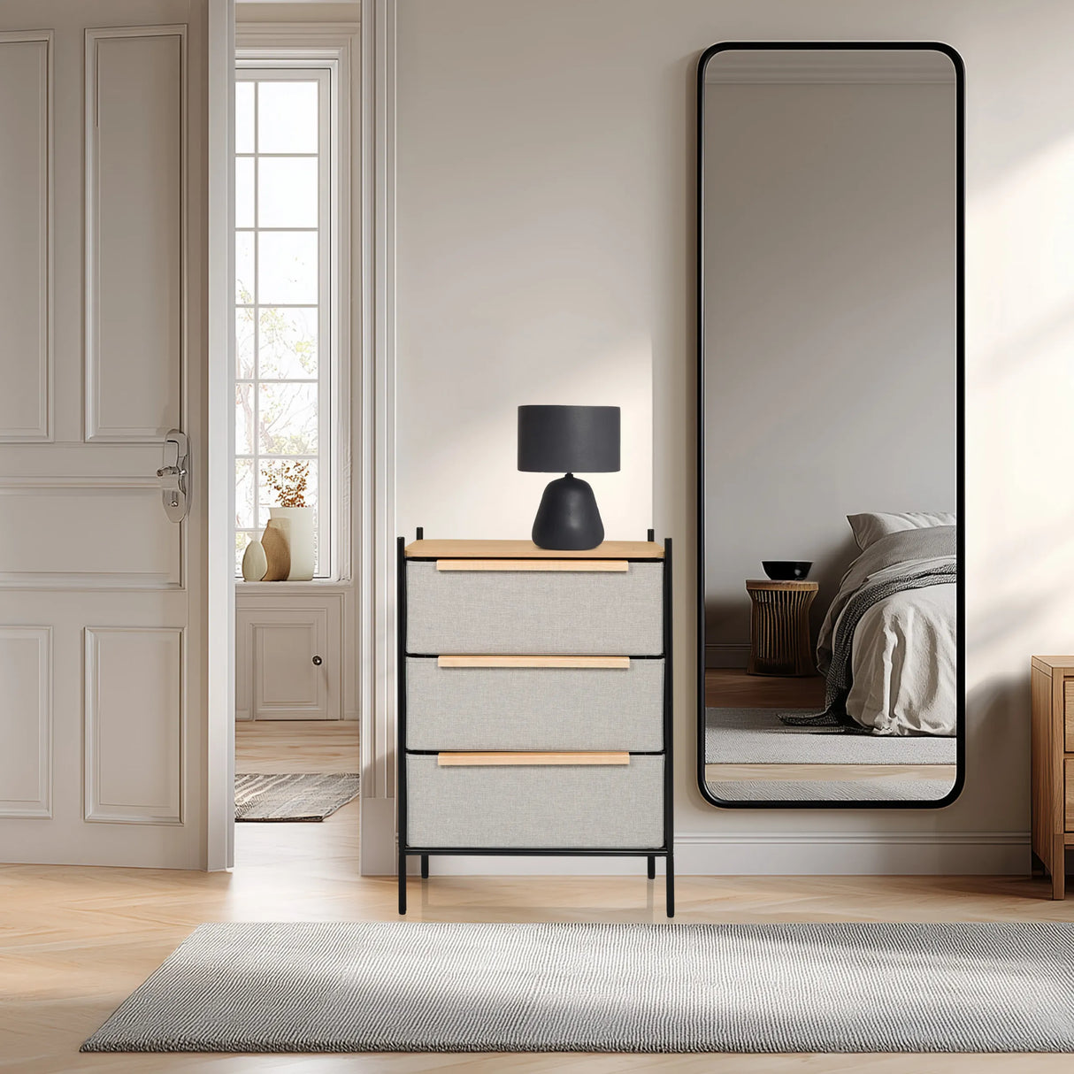 Kommode STUVAR in Taupe mit drei Schubladen und Holzgriffen von hjh LIVING