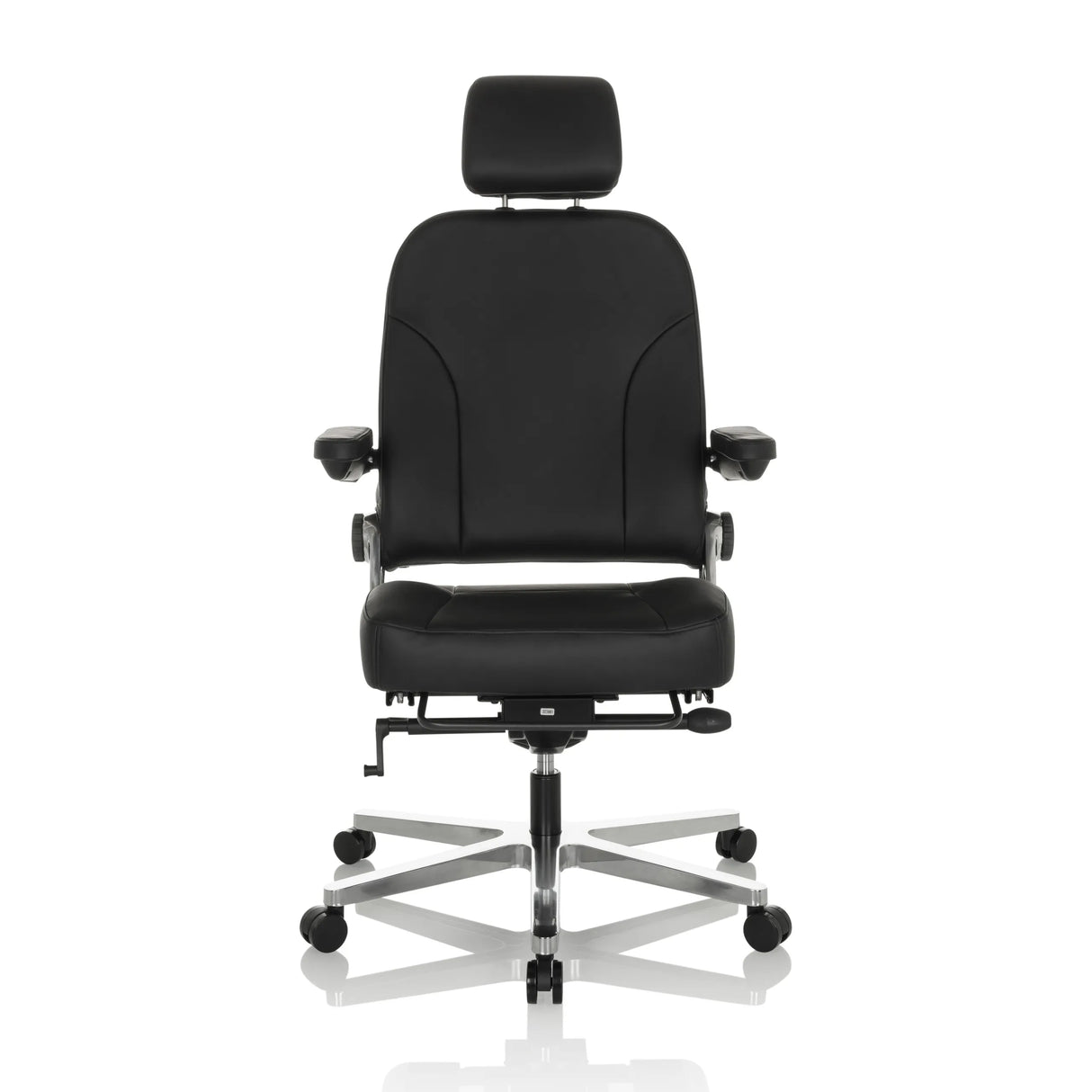 Schwarzer XXL Drehstuhl 24 HOURS F aus Leder mit Kopfstütze und Fußkreuz mit fünf Rollen von hjh OFFICE – 360-Grad-Ansicht (Frontansicht 0°)