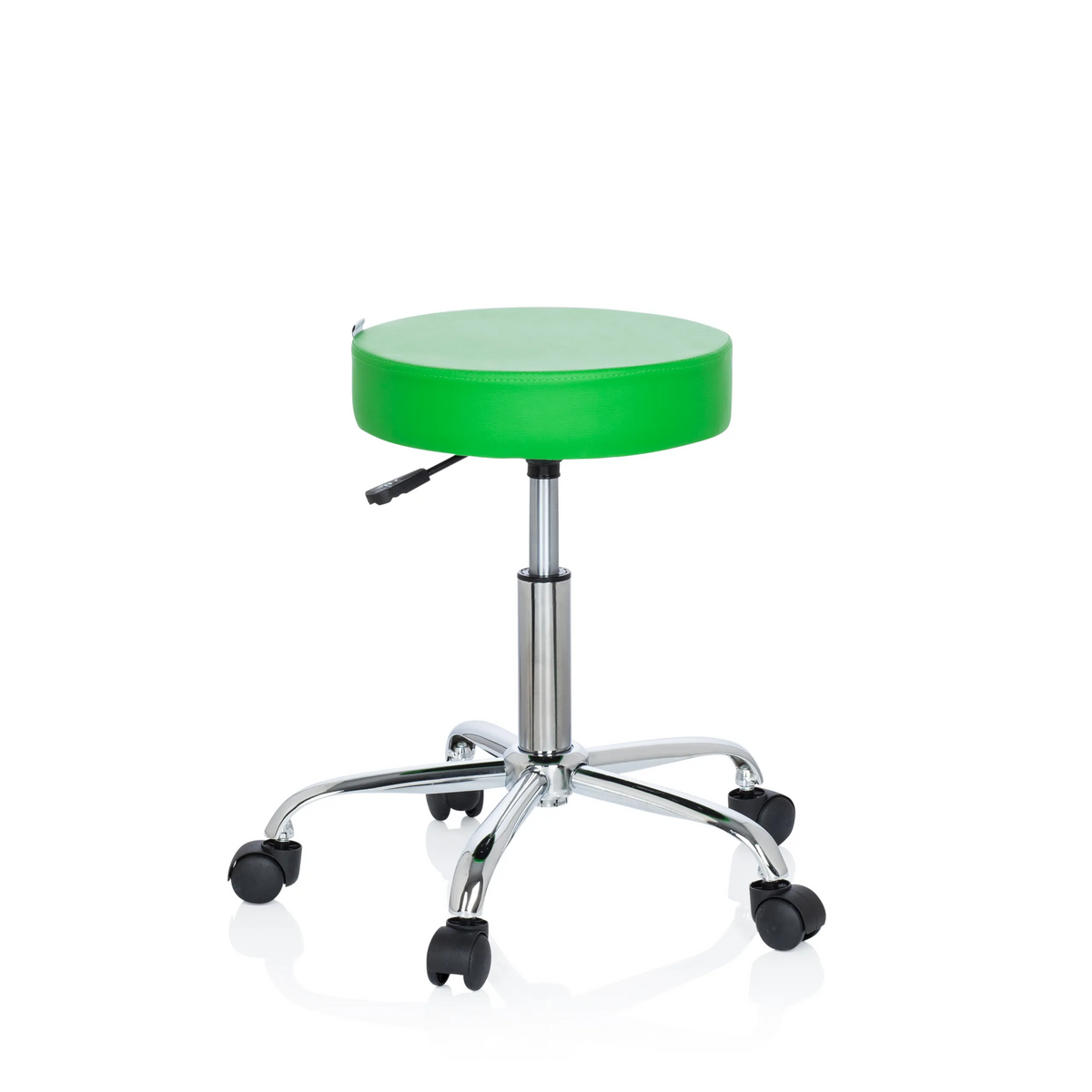 Grüner Drehhocker OPERATOR II mit einer runden Sitzfläche und einem Fußkreuz mit fünf Rollen von hjh OFFICE – 360-Grad-Ansicht (Frontansicht 20°)