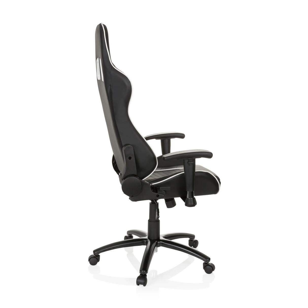 Schwarz-weißer Gamingstuhl LEAGUE PRO mit Kopfstütze und Fußkreuz mit fünf Rollen von hjh OFFICE – 360-Grad-Ansicht (Seitenprofil 100°)