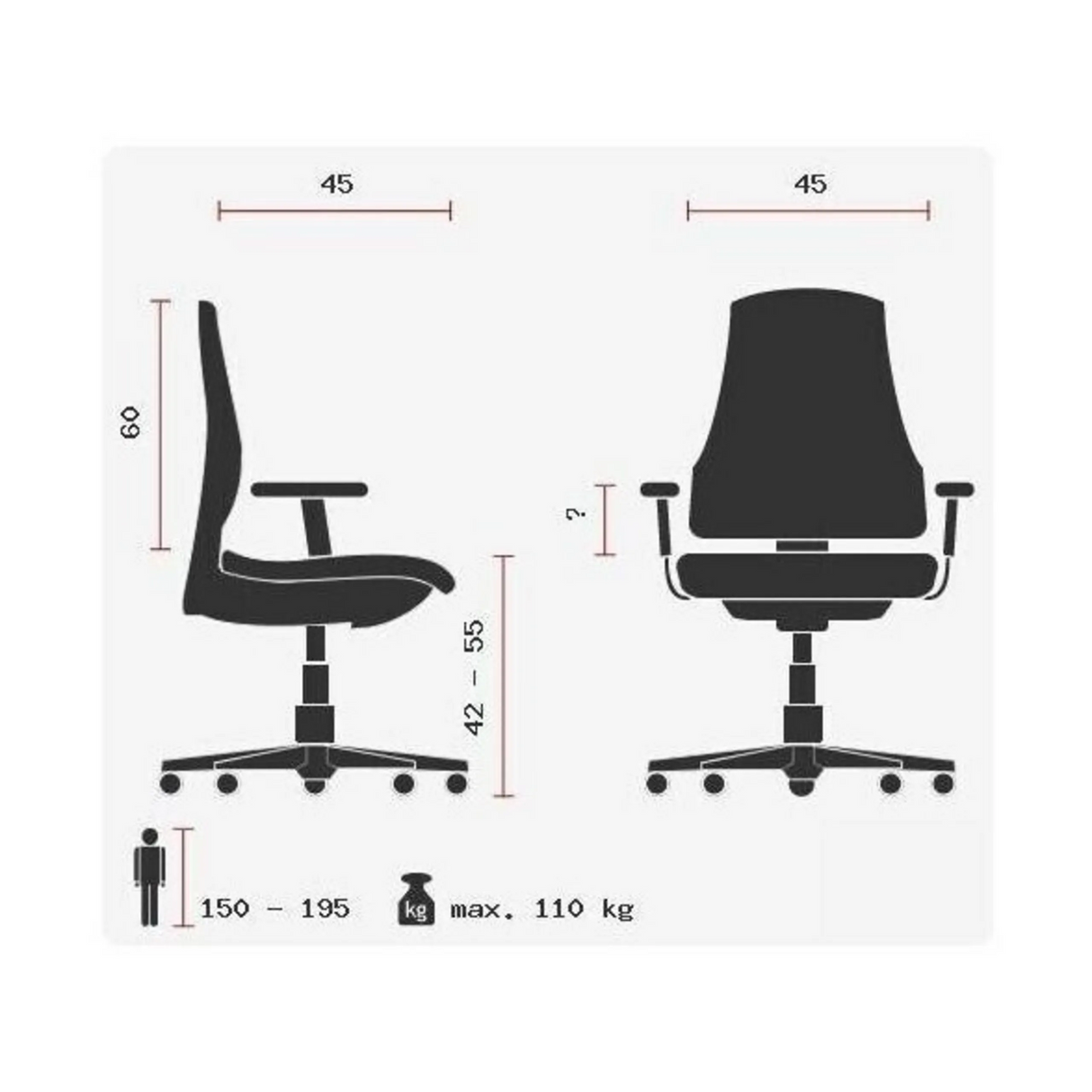 Technische Zeichnung des Profi-Bürostuhls MELBOURNE AL X3 mit einer maximalen Belastbarkeit von 110 kg von Topstar