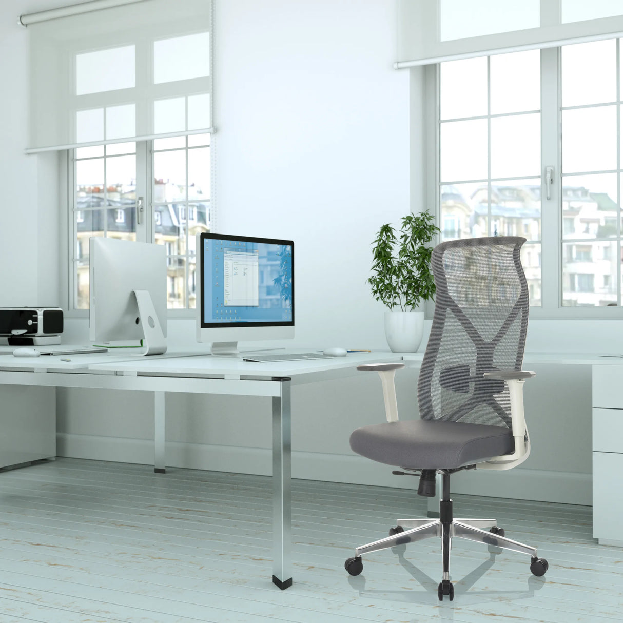 Grauer Profi-Bürostuhl AZURRO WHITE mit Netzrückenlehne und verstellbaren Armlehnen von hjh OFFICE