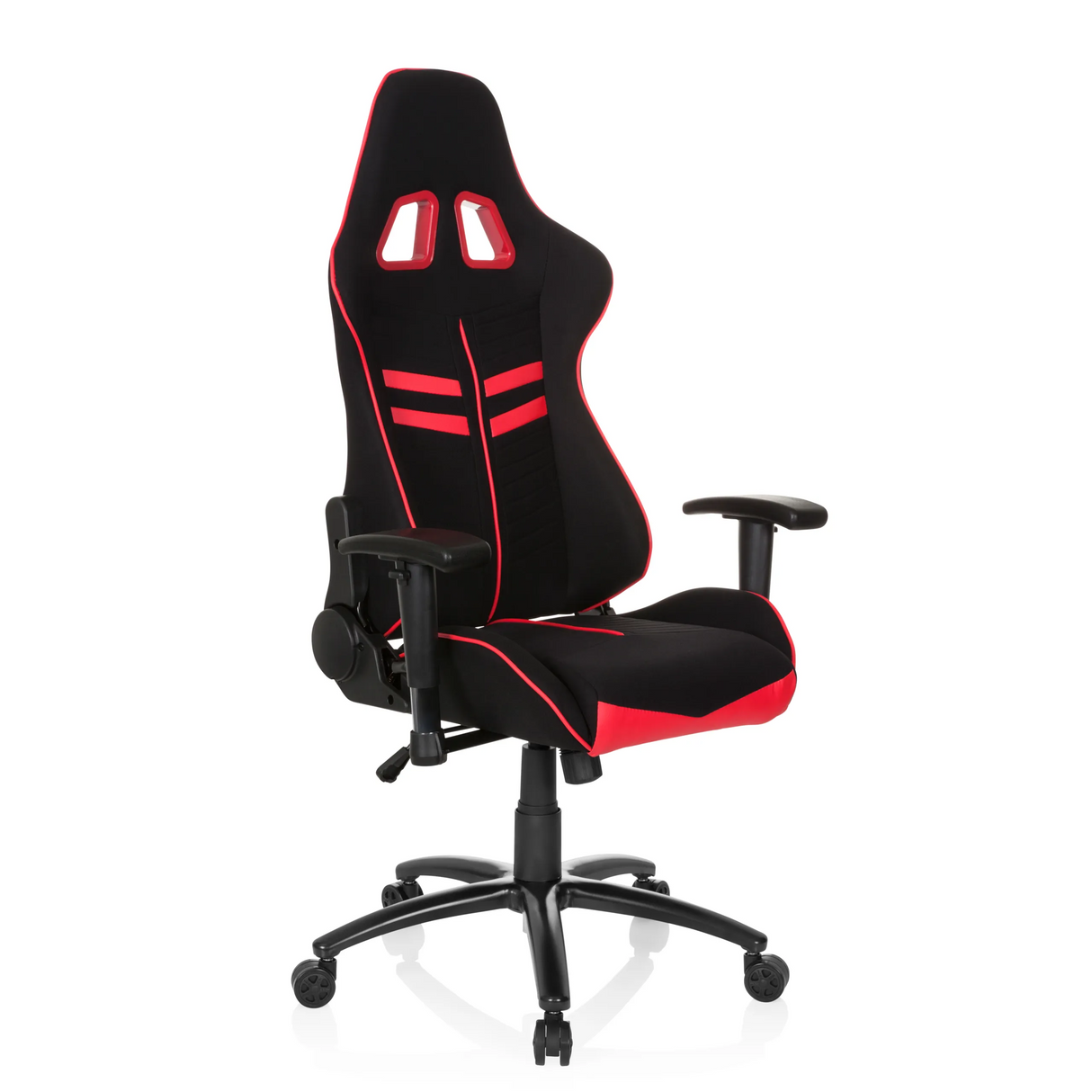 Schwarz-roter Gamingstuhl LEAGUE PRO I mit zwei Kopfstützen-Öffnungen und Fußkreuz mit fünf Rollen von hjh OFFICE – 360-Grad-Ansicht (schräge Frontansicht 40°)
