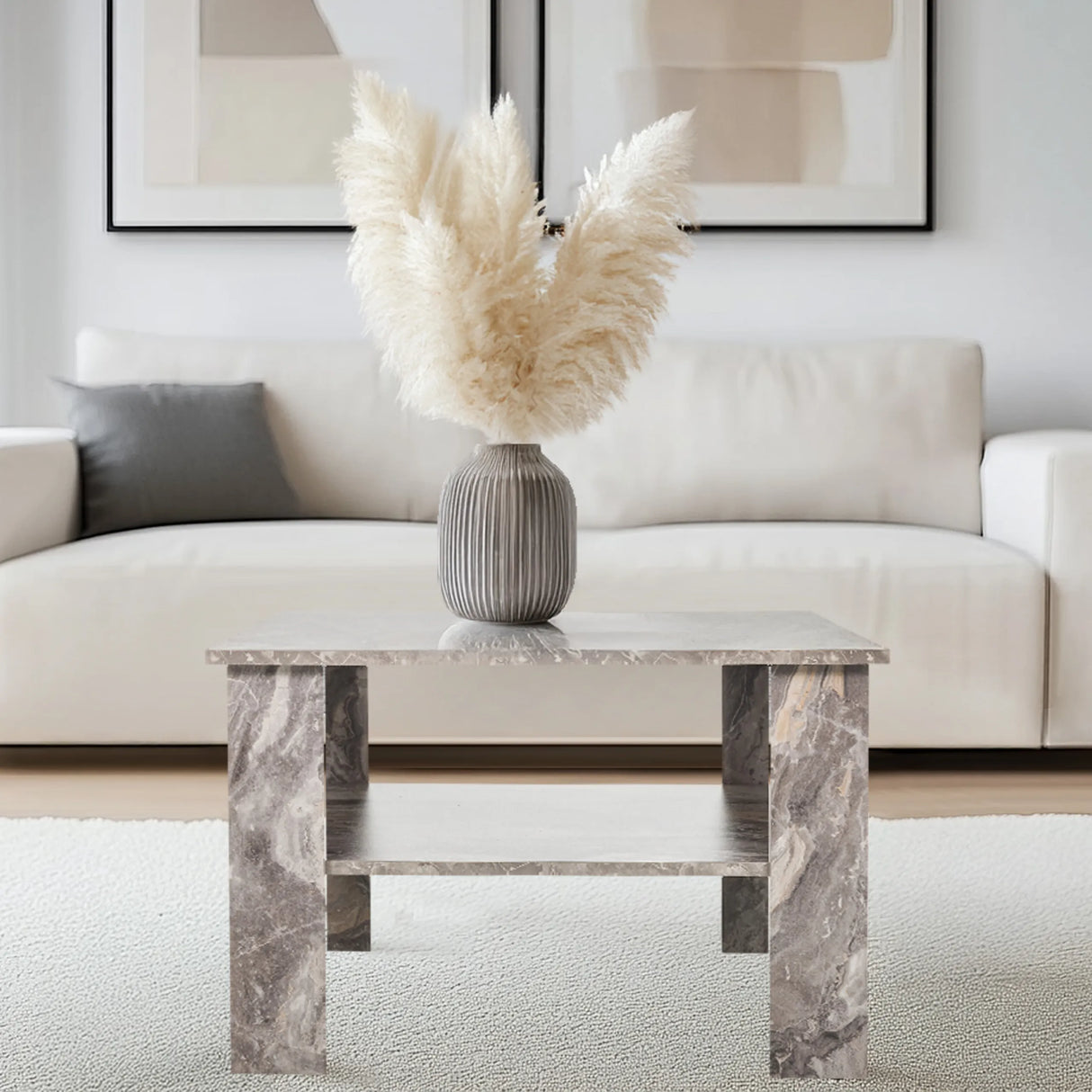 Grauer Couchtisch BISMO mit Marmor-Optik in der Größe 70 × 70 cm von hjh LIVING