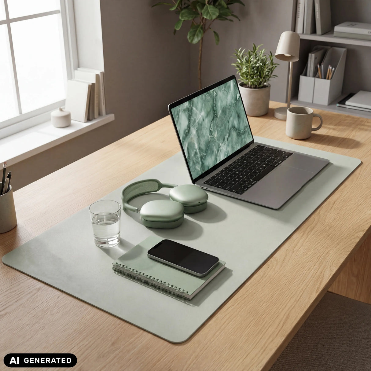 Hellgrüne Schreibunterlage Padflux Clean auf einem Holztisch mit Laptop und Zubehör von hjh OFFICE (KI-generiertes Bild)