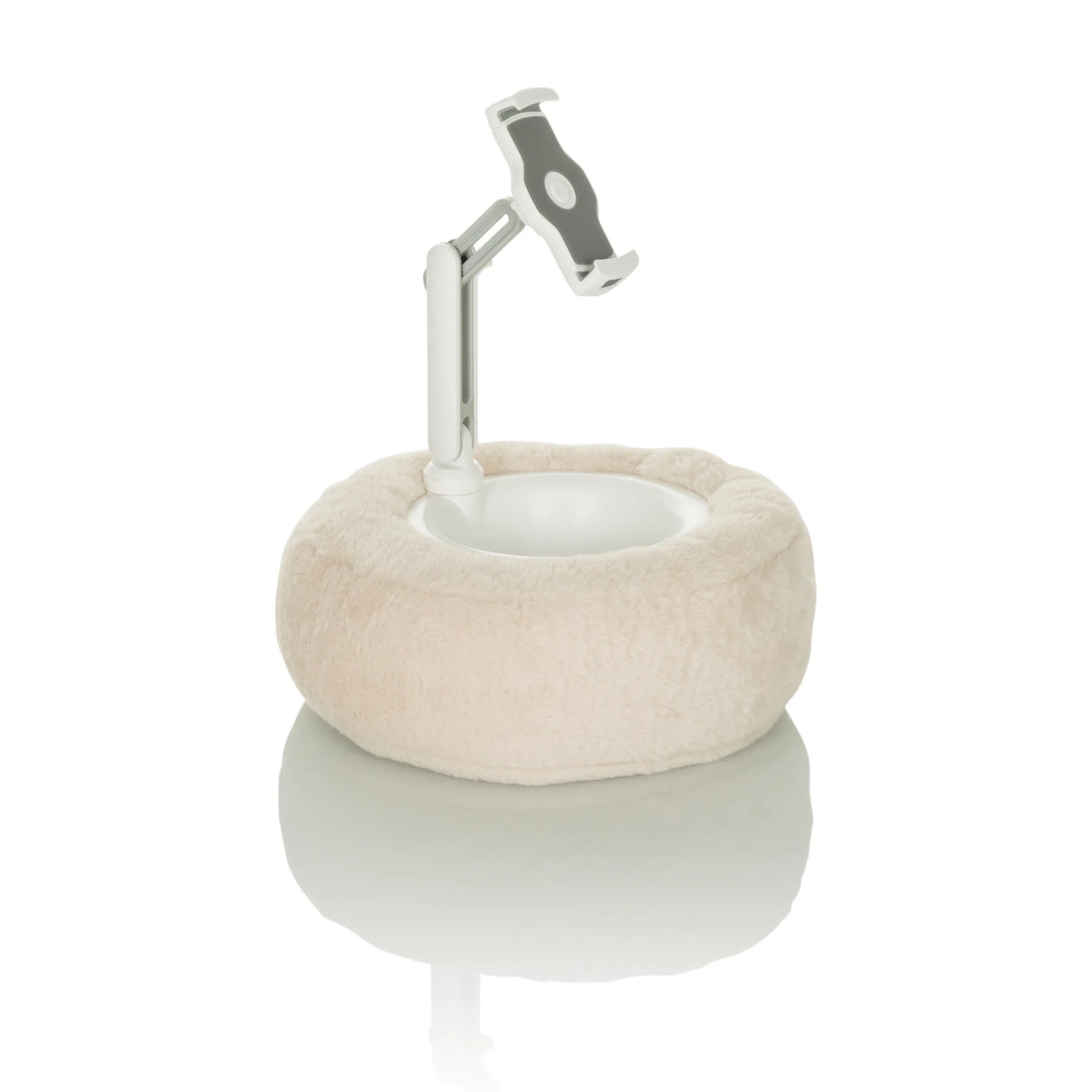 Beige Handy- und Tablet-Halterung COMFILAP II mit plüschigem Ringpolster von hjh OFFICE – 360-Grad-Ansicht (schräge Rückenansicht 144°)