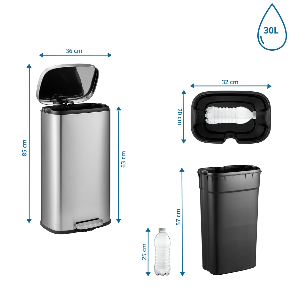 Maßzeichnung des Mülleimers Clean 15 mit einer Höhe von 85 cm und 30 Litern Volumen von hjh OFFICE